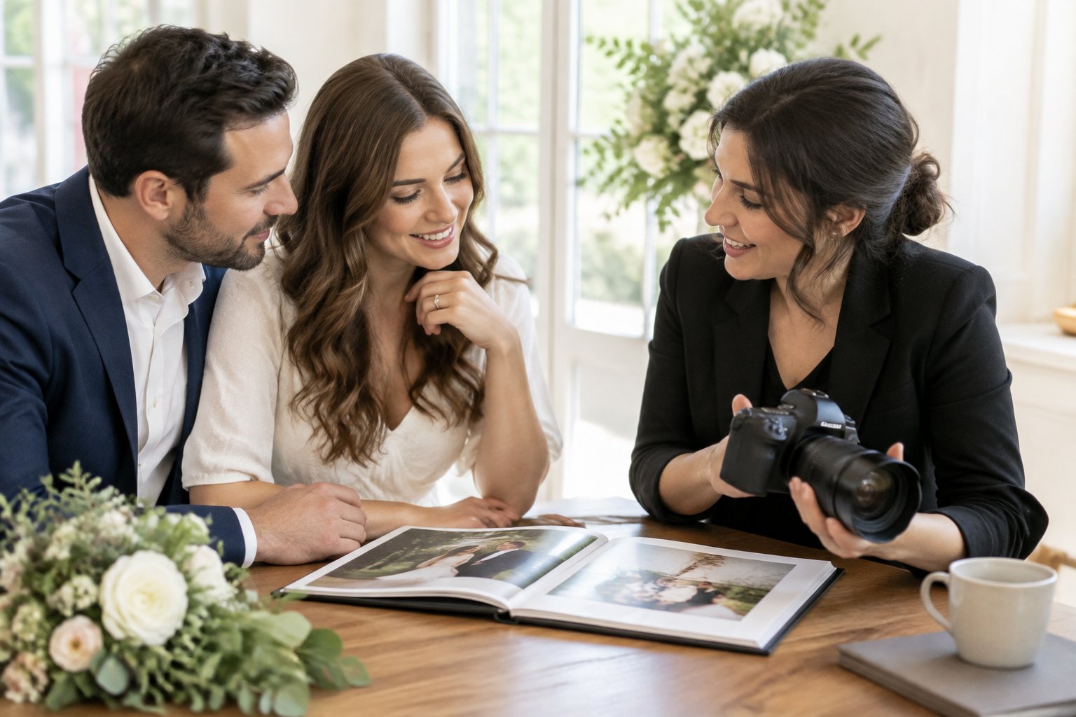 An engaged couple meets with a wedding photographer to discuss their plans.