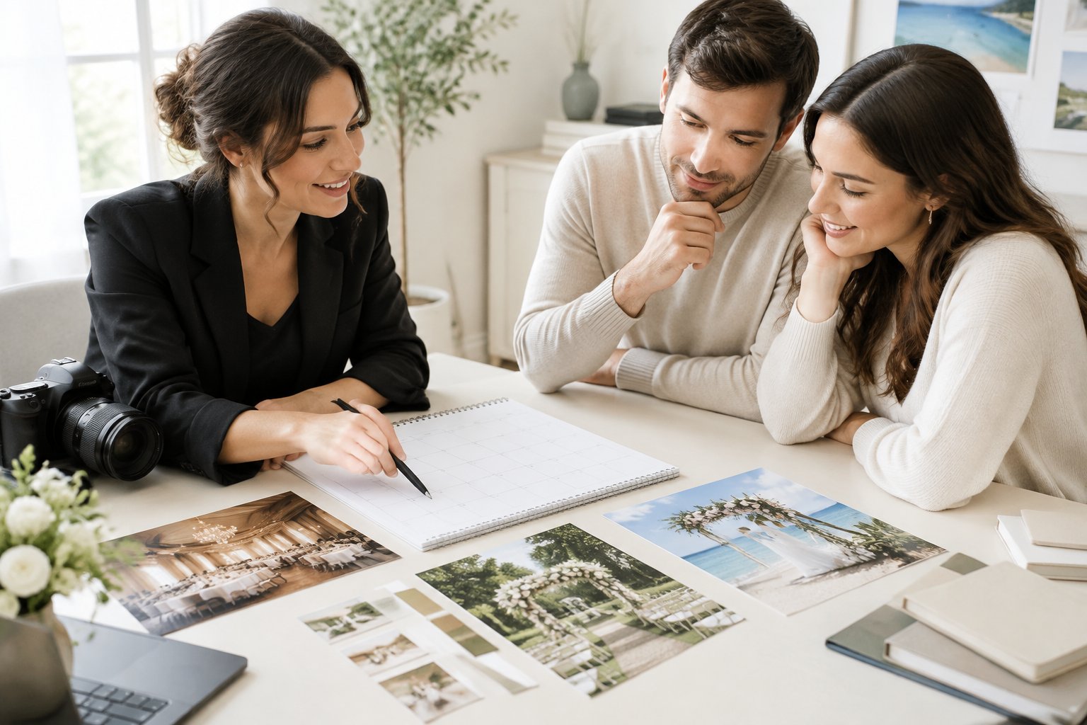 A wedding photographer reviews a calendar with an engaged couple and pictures of different wedding settings.