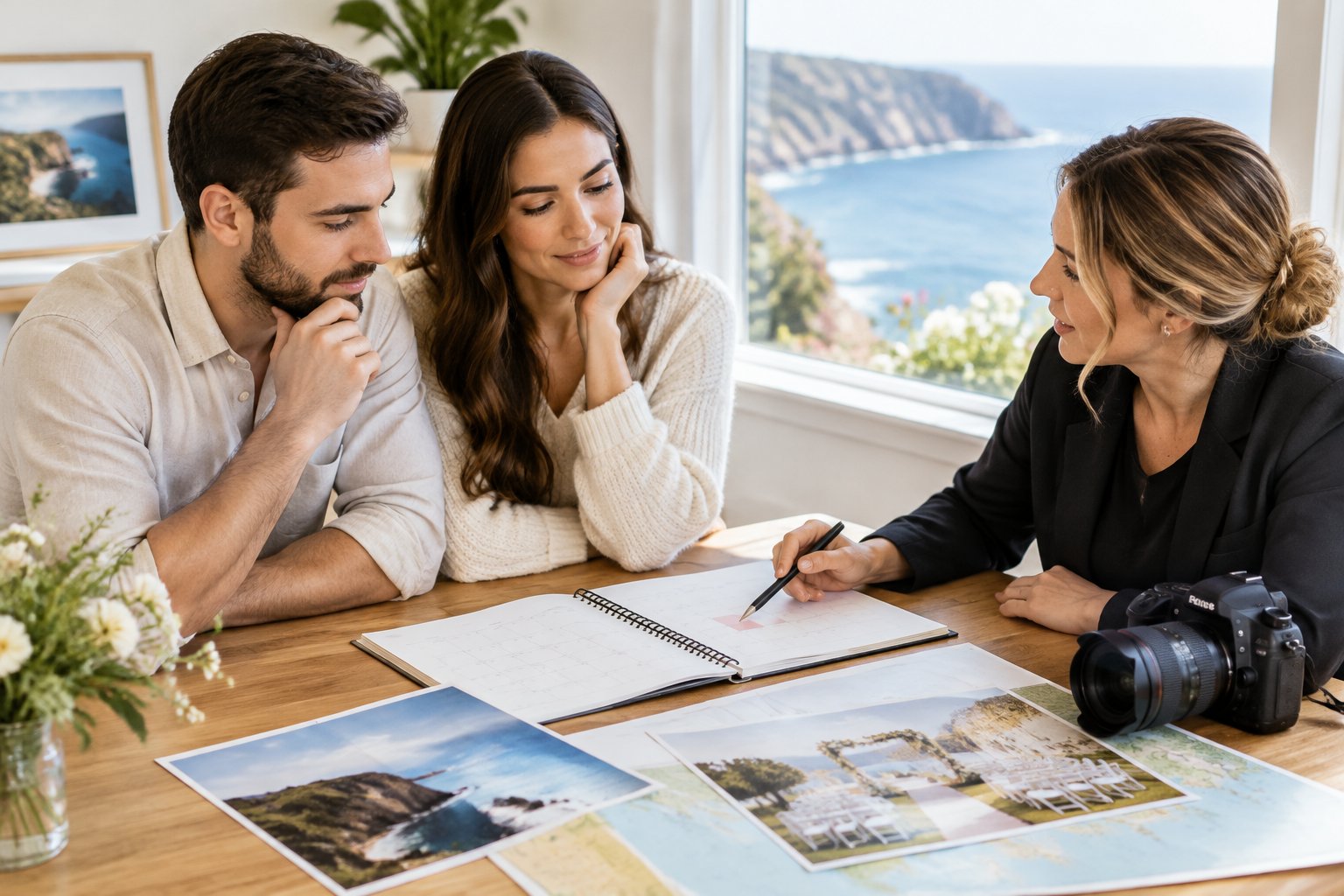 An engaged couple discusses wedding photography plans with a photographer at a table.