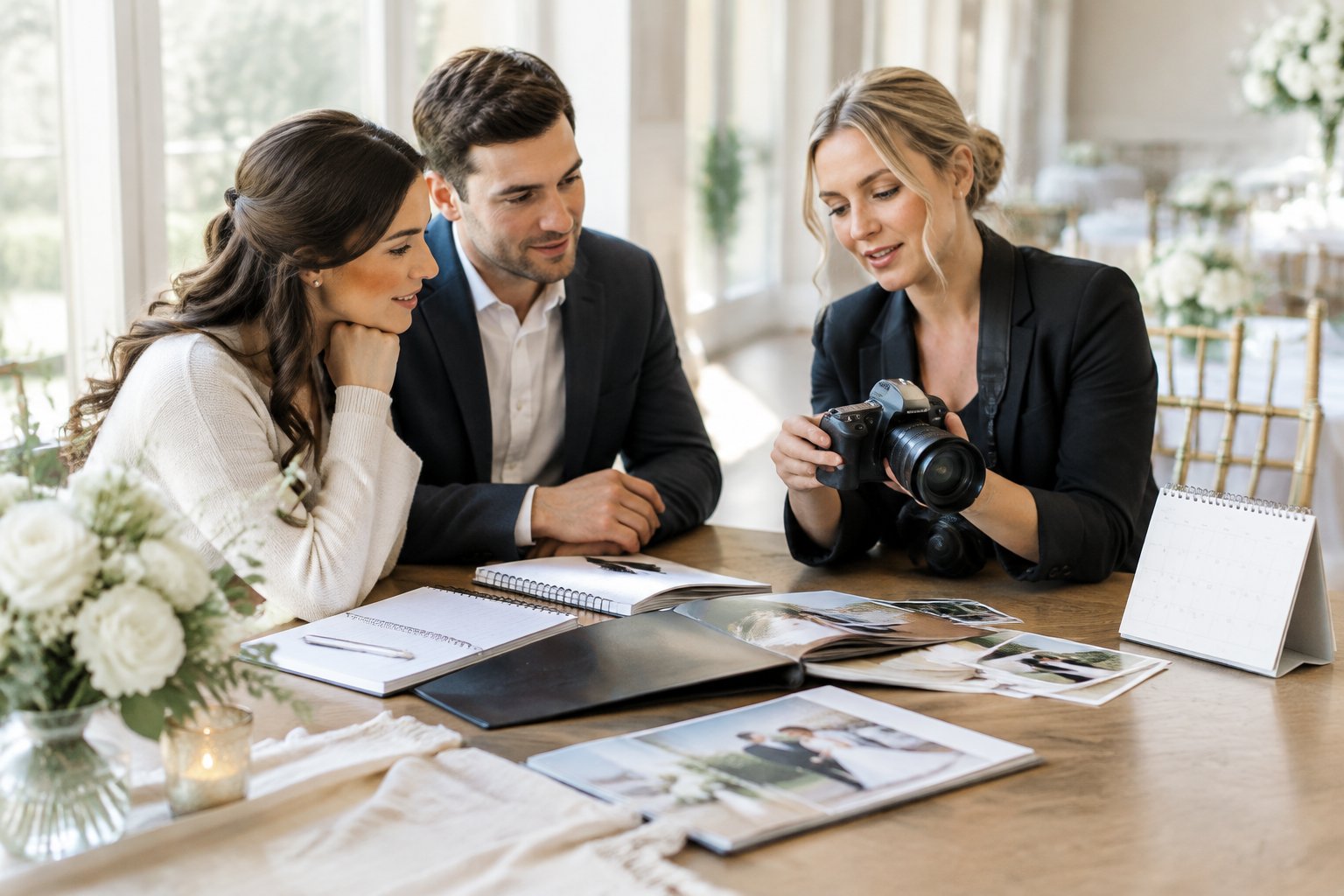 An engaged couple discusses wedding photography with a photographer at a venue.