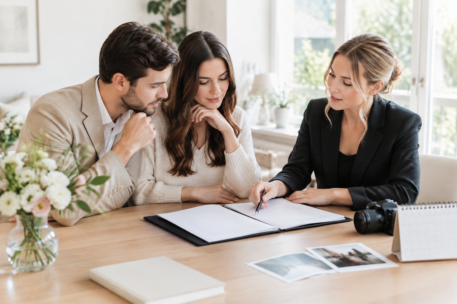 An engaged couple reviews a contract with a wedding photographer at a table.