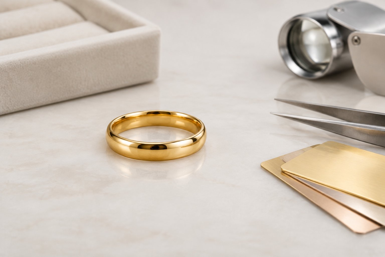 A plain gold wedding band rests on a jeweler’s display surface.