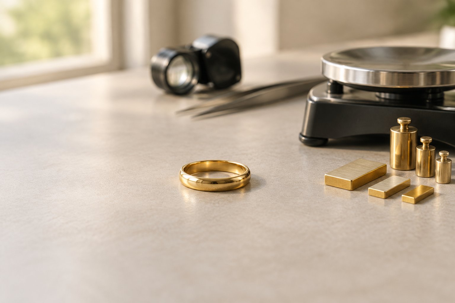 A plain gold wedding band beside a small balance scale and jeweler’s tools.