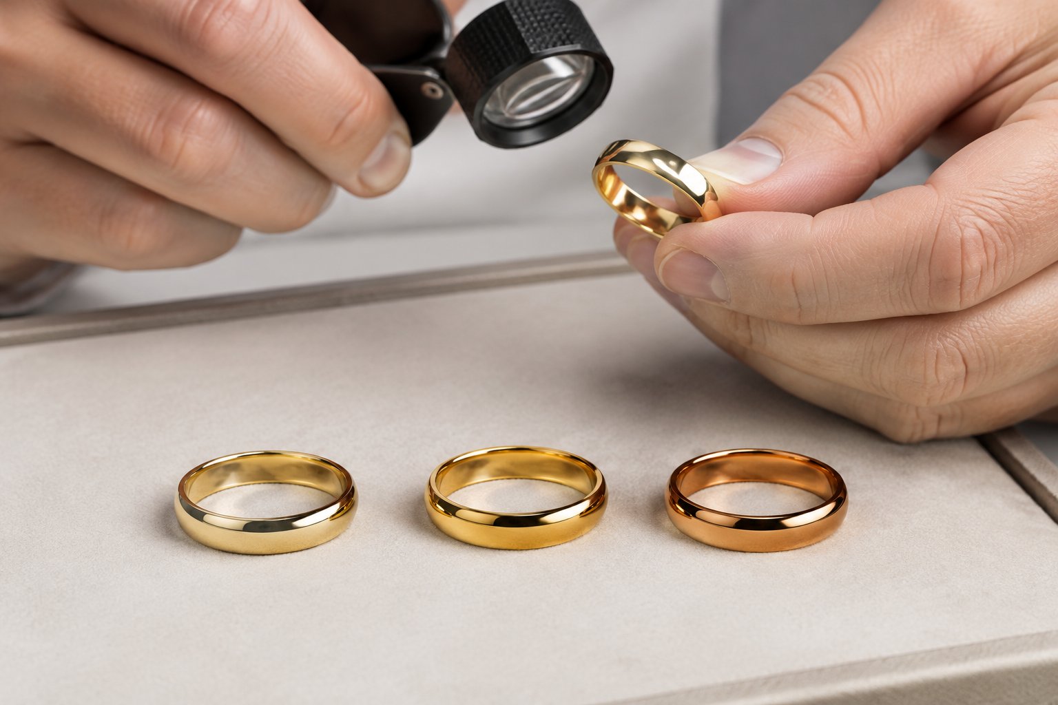 Three plain gold wedding bands sit on a jeweler’s display while a hand examines one with a loupe.