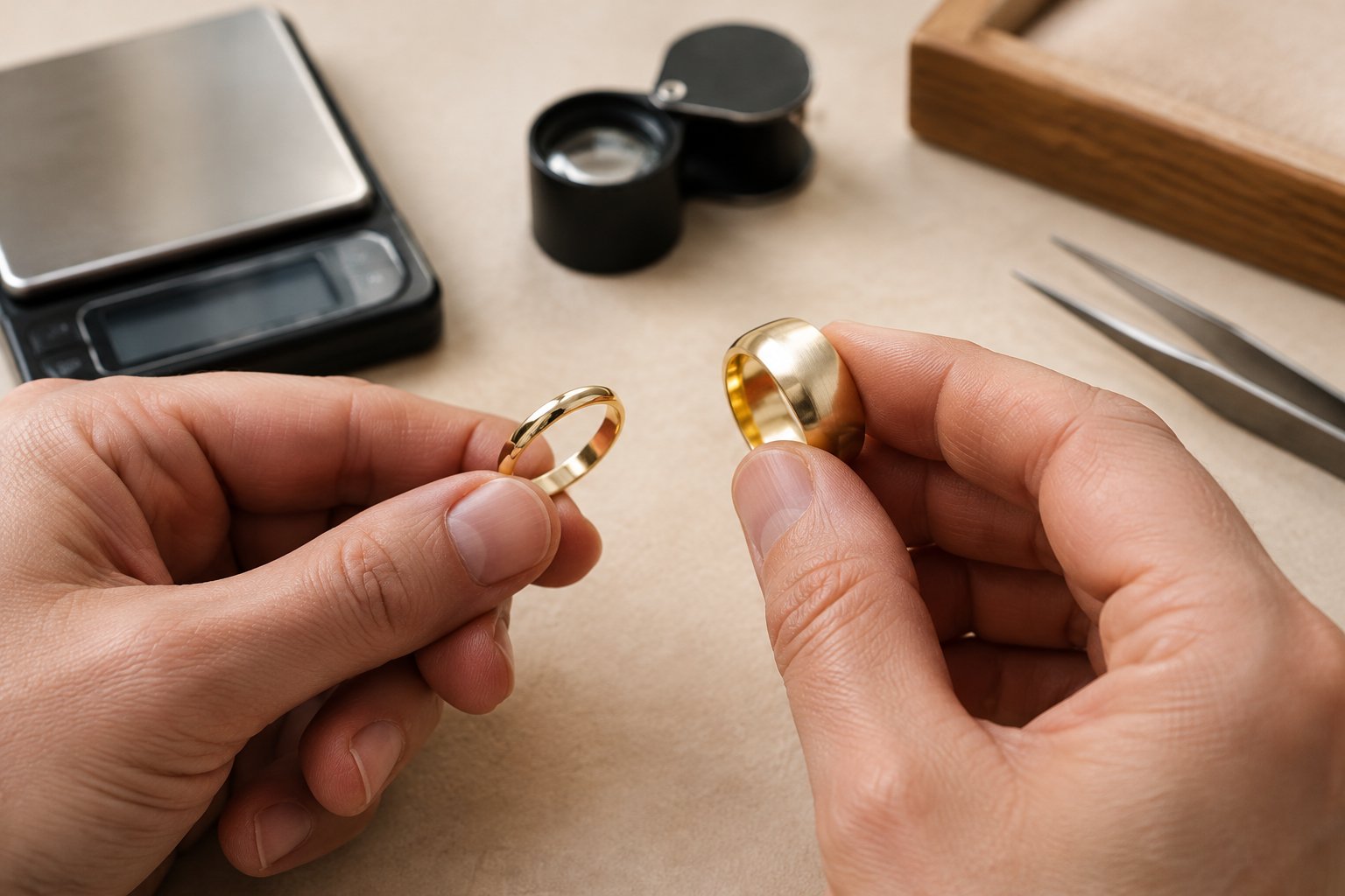 A jeweler examines two gold wedding bands beside a small scale and loupe.