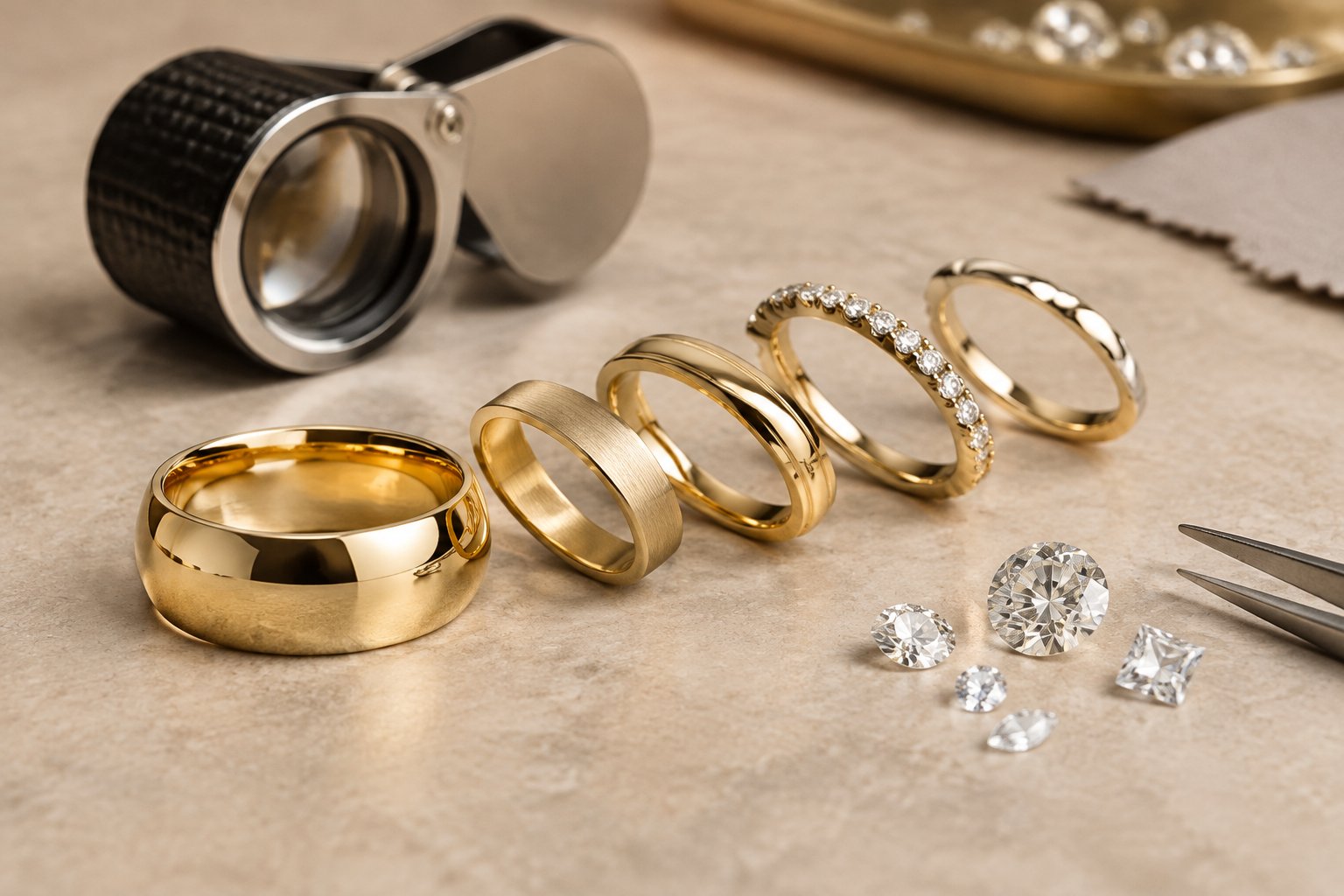 Gold wedding bands and a diamond-accented band arranged on a jeweler’s work surface.