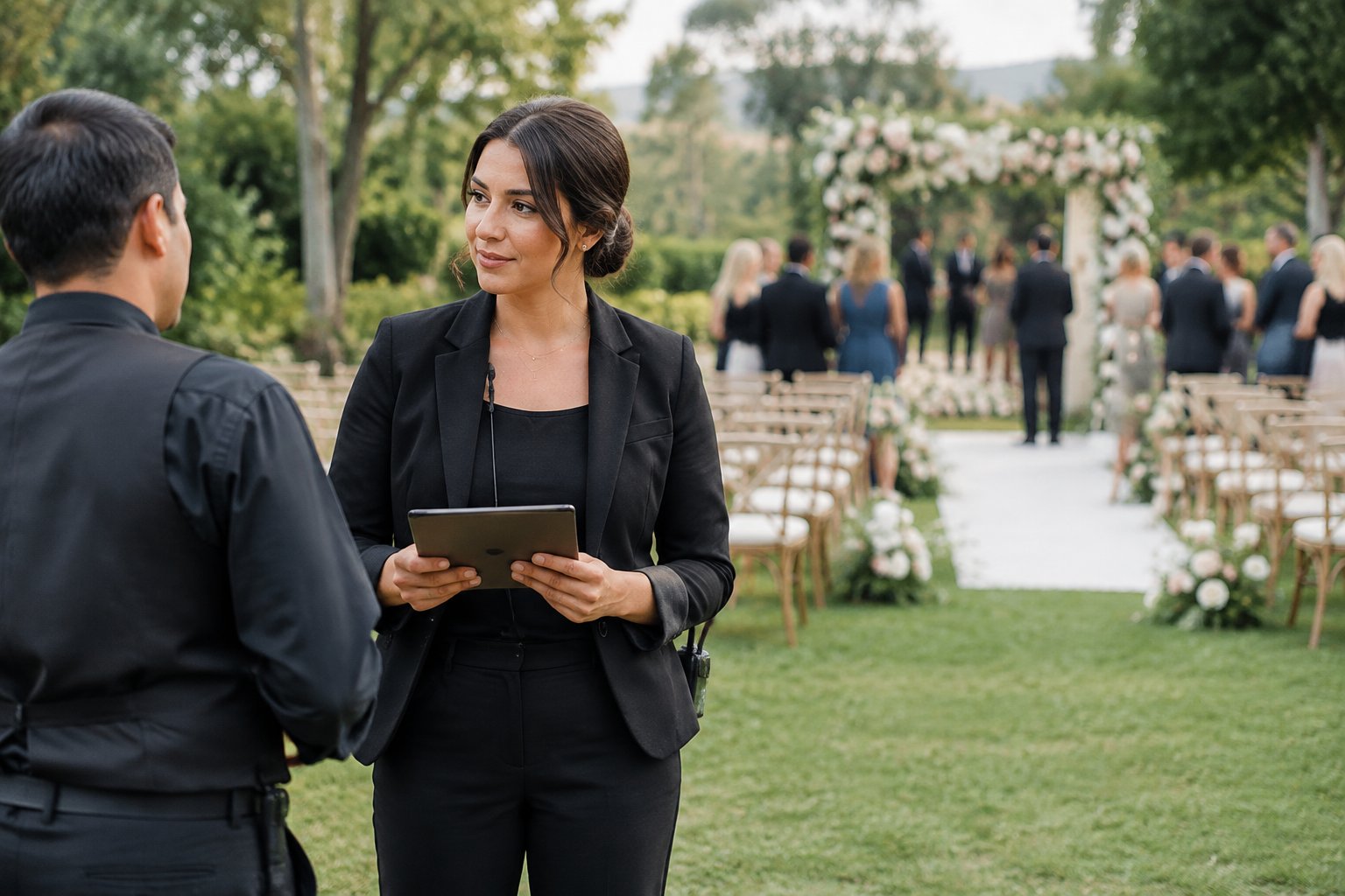 A wedding coordinator checks a clipboard while overseeing a garden ceremony setup.