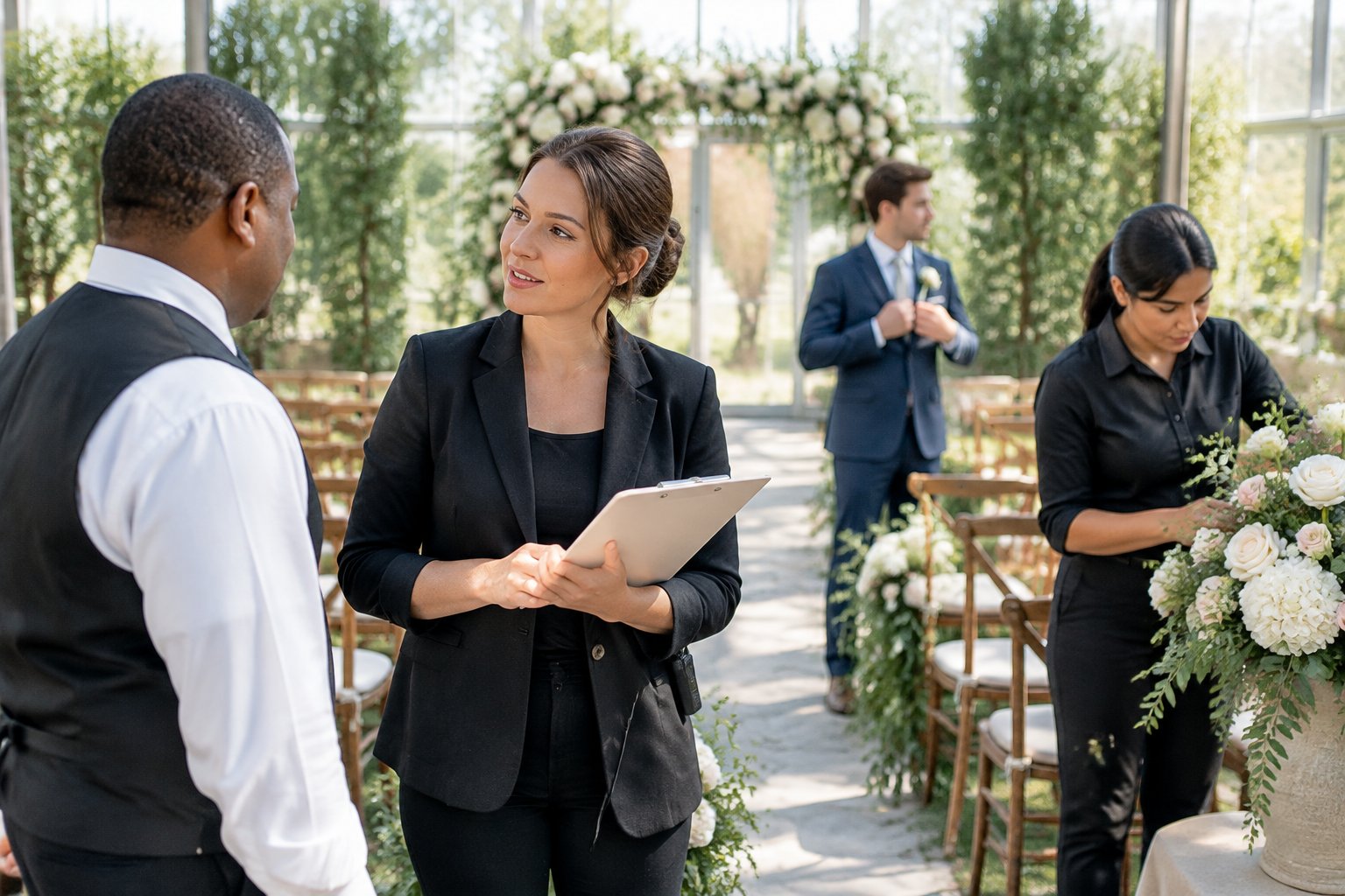 A wedding coordinator checks a clipboard while guiding final preparations at a ceremony venue.