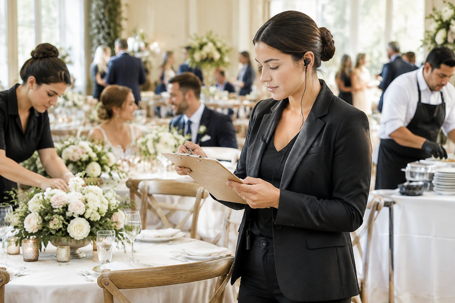 A wedding coordinator checks a clipboard while vendors prepare a reception and the couple greets guests.
