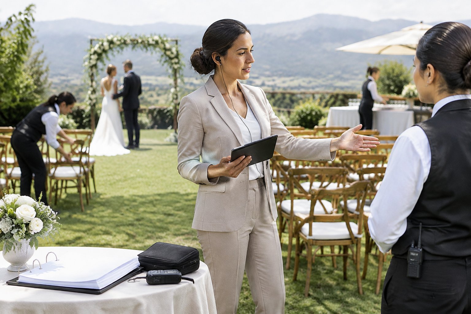 A wedding coordinator guides staff as a couple prepares for an outdoor ceremony.
