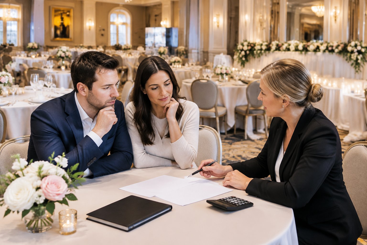 A couple reviews wedding plans with a planner in a decorated hotel ballroom.