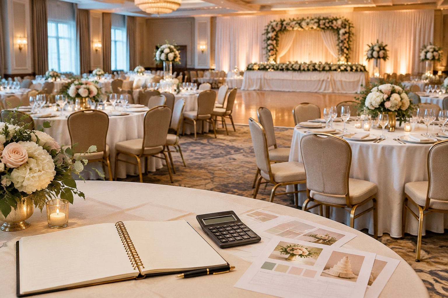 A hotel ballroom set for a wedding reception, with decorated tables and wedding-planning items nearby.