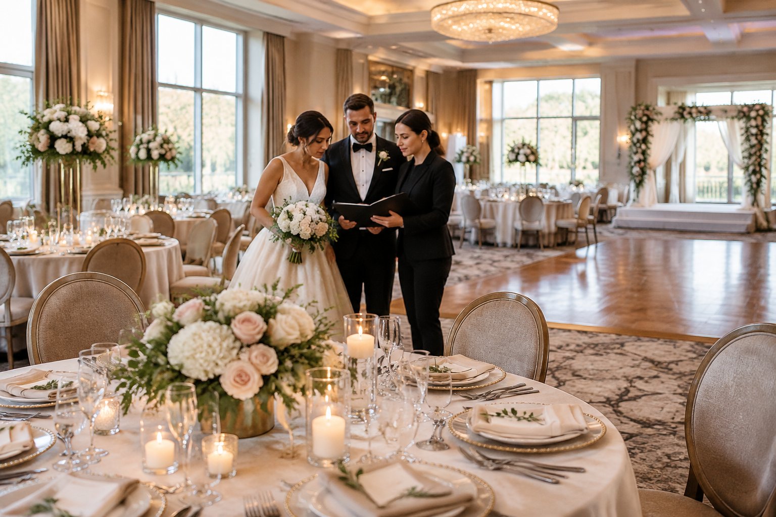 A couple and hotel coordinator review wedding arrangements in a decorated ballroom.