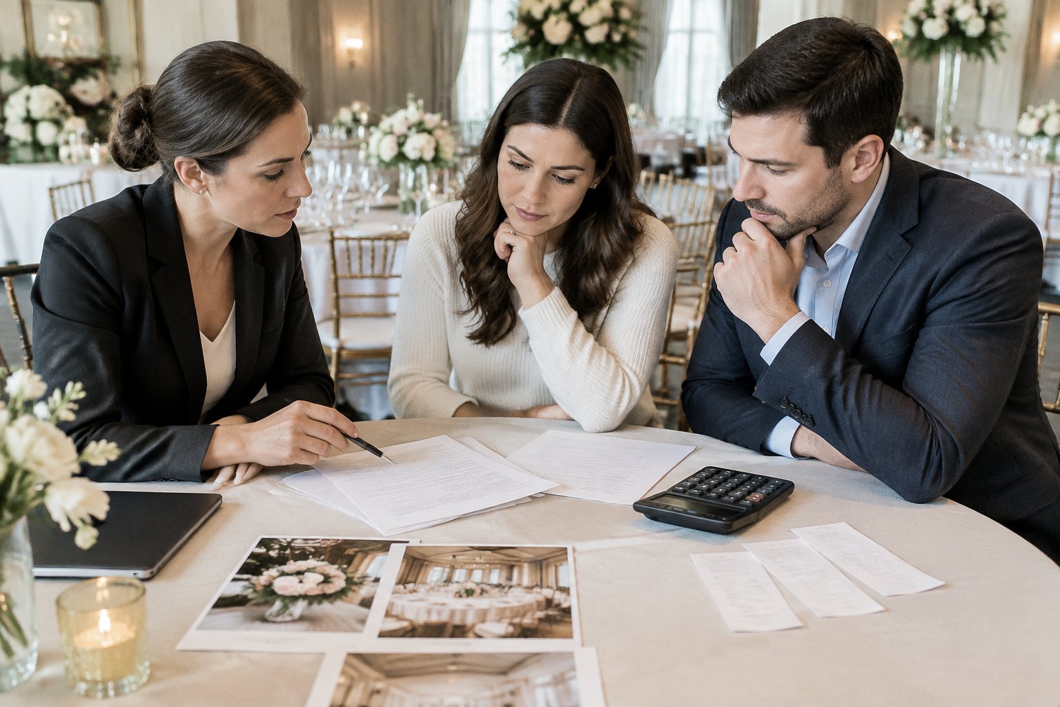 A couple and wedding planner review papers and a calculator at a table in a decorated hotel venue.