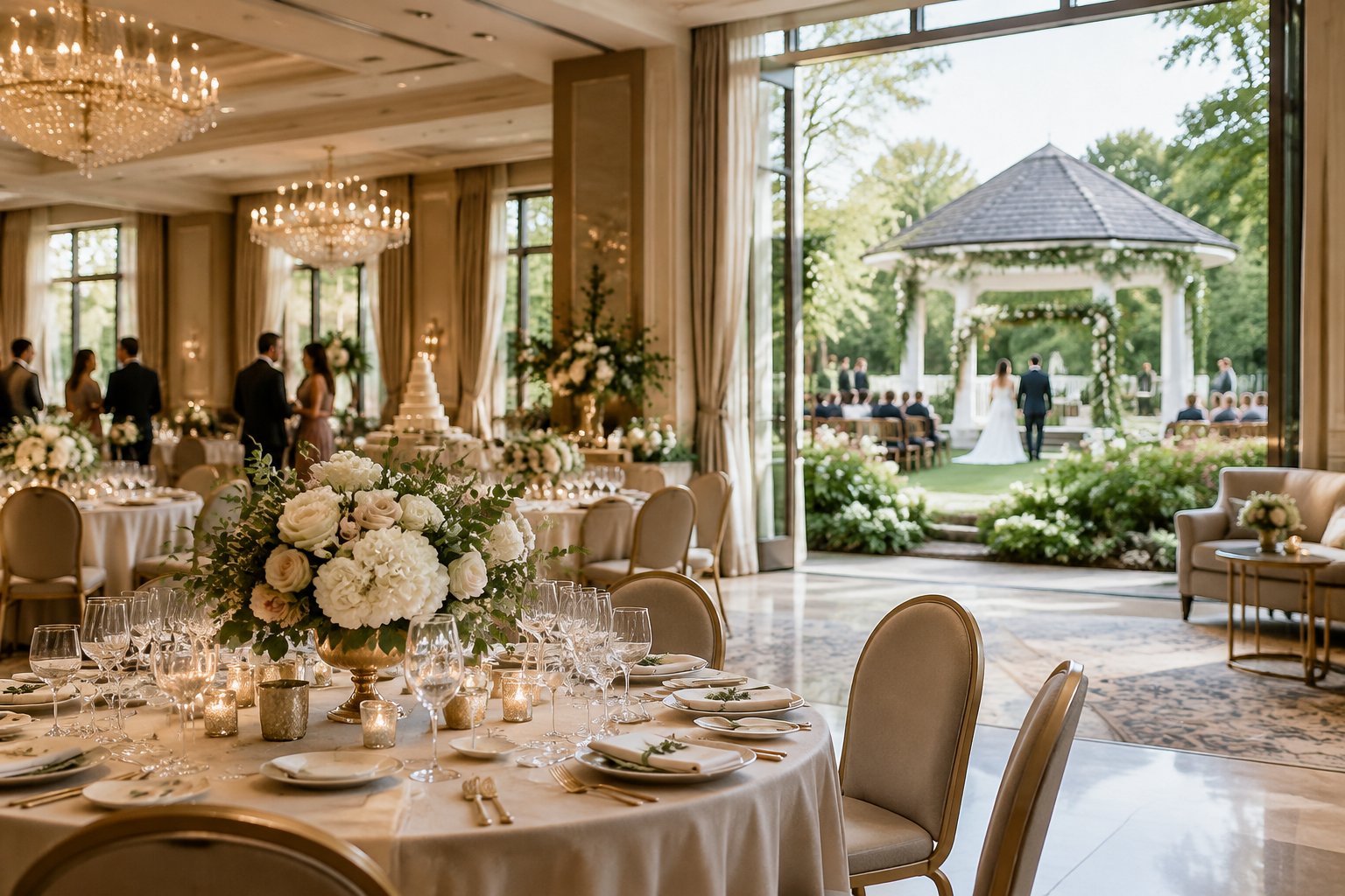 A wedding reception in a hotel ballroom beside a garden ceremony venue.