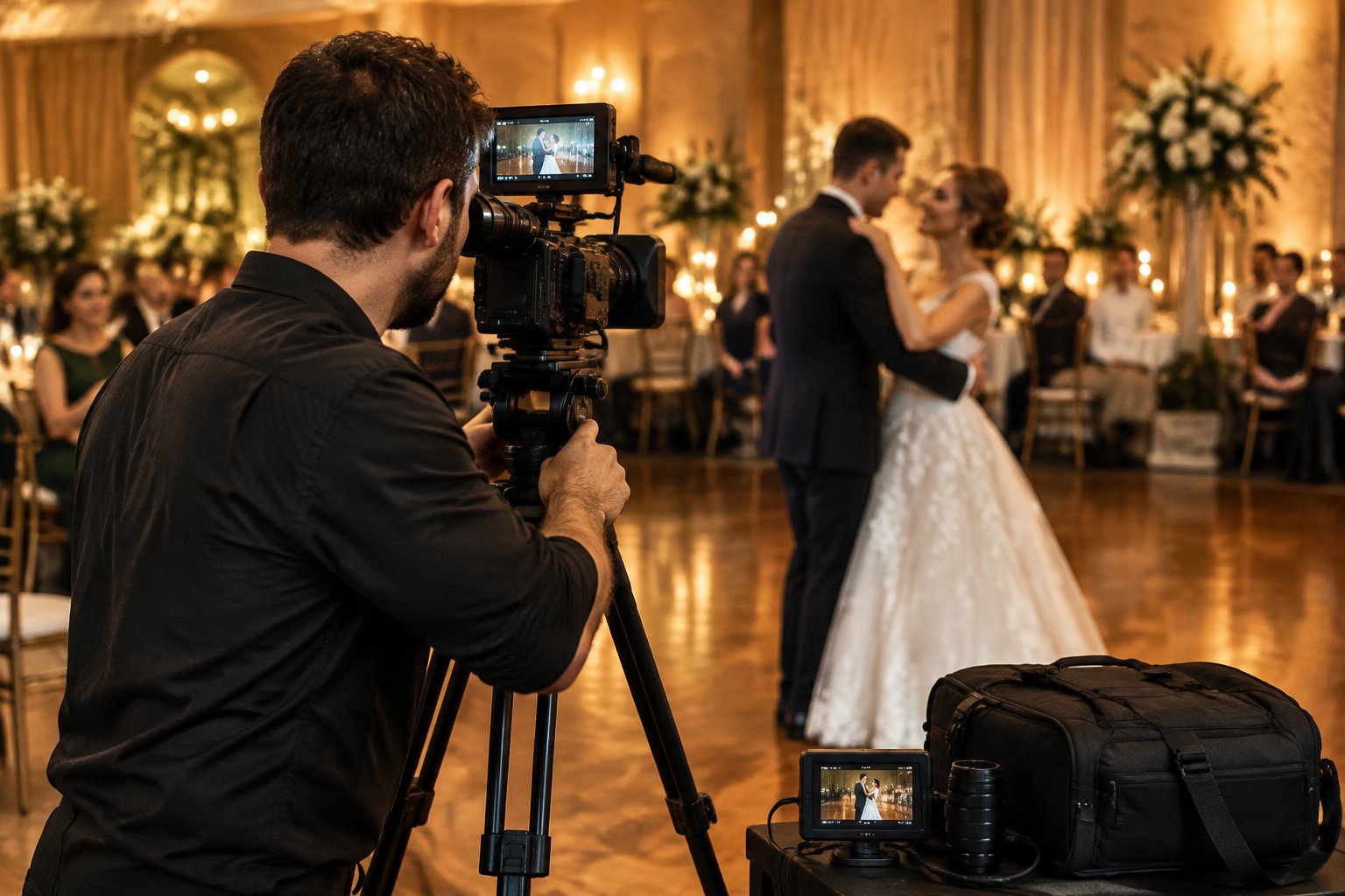 A videographer films a couple dancing at their wedding reception.