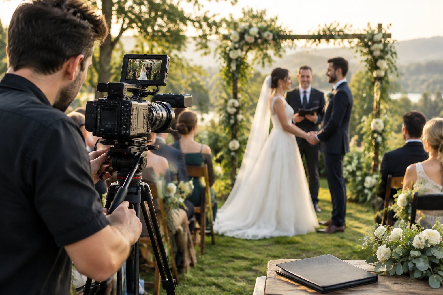 A wedding videographer films a couple during an outdoor ceremony.
