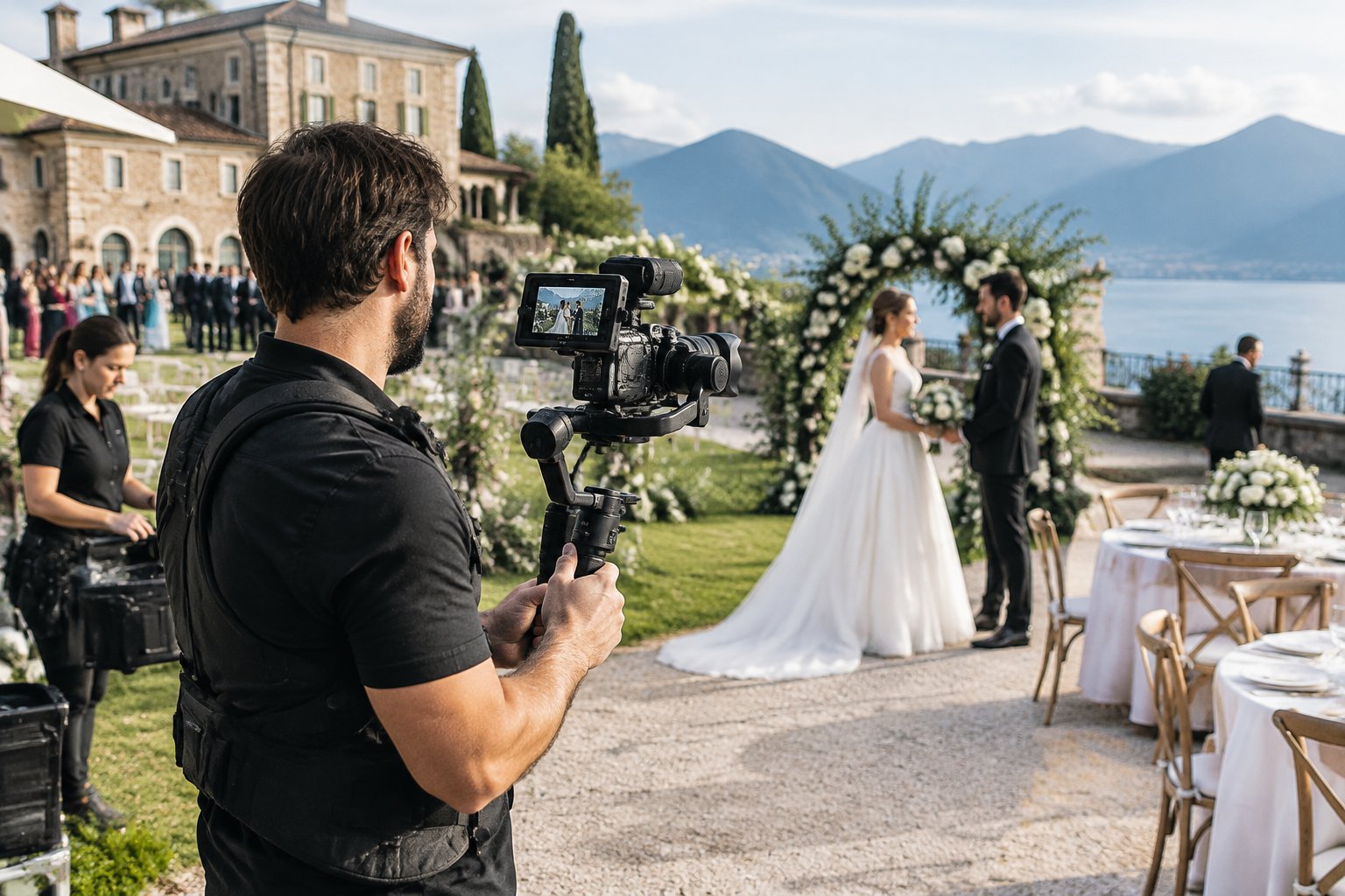 A wedding videographer films a couple outdoors while an assistant and wedding guests are nearby.