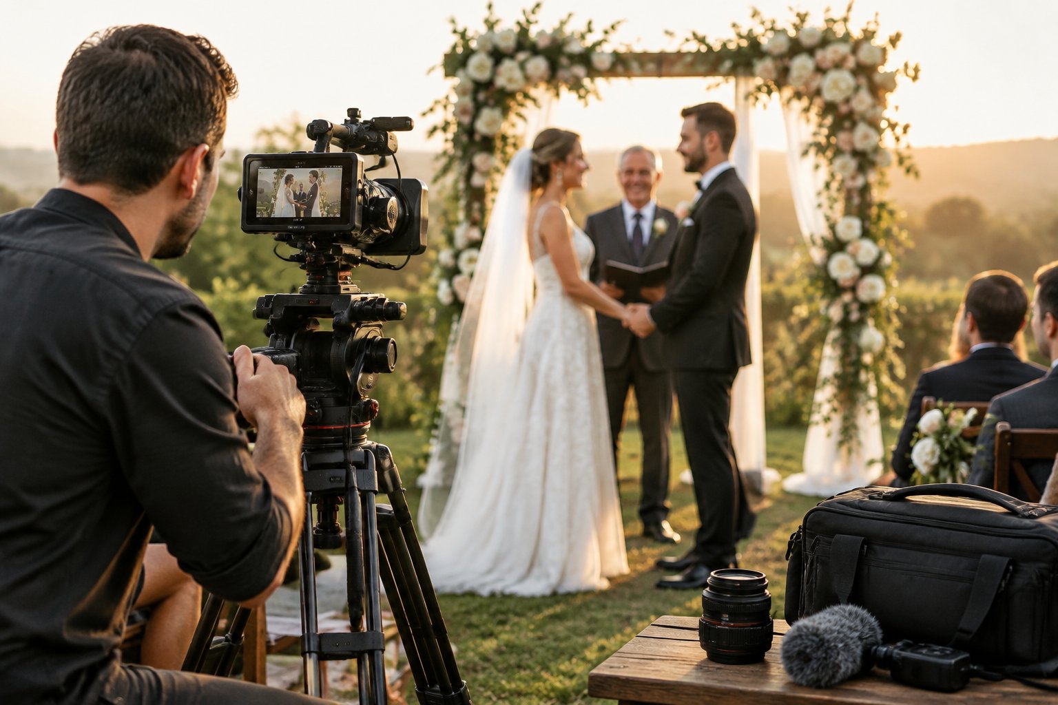A wedding videographer records a couple during an outdoor ceremony.