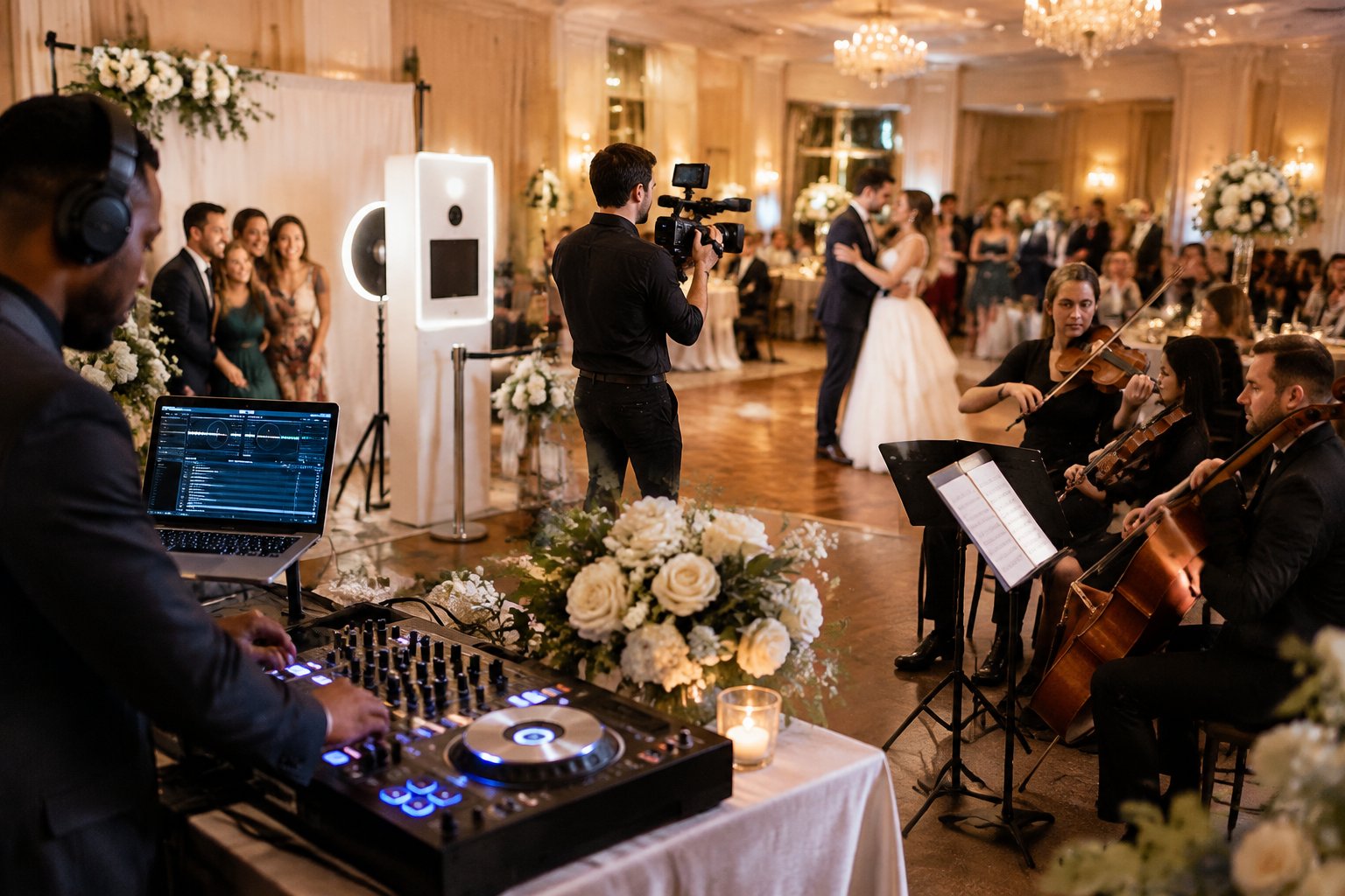 A videographer films a wedding reception while a DJ, photo booth, and musicians provide separate services.