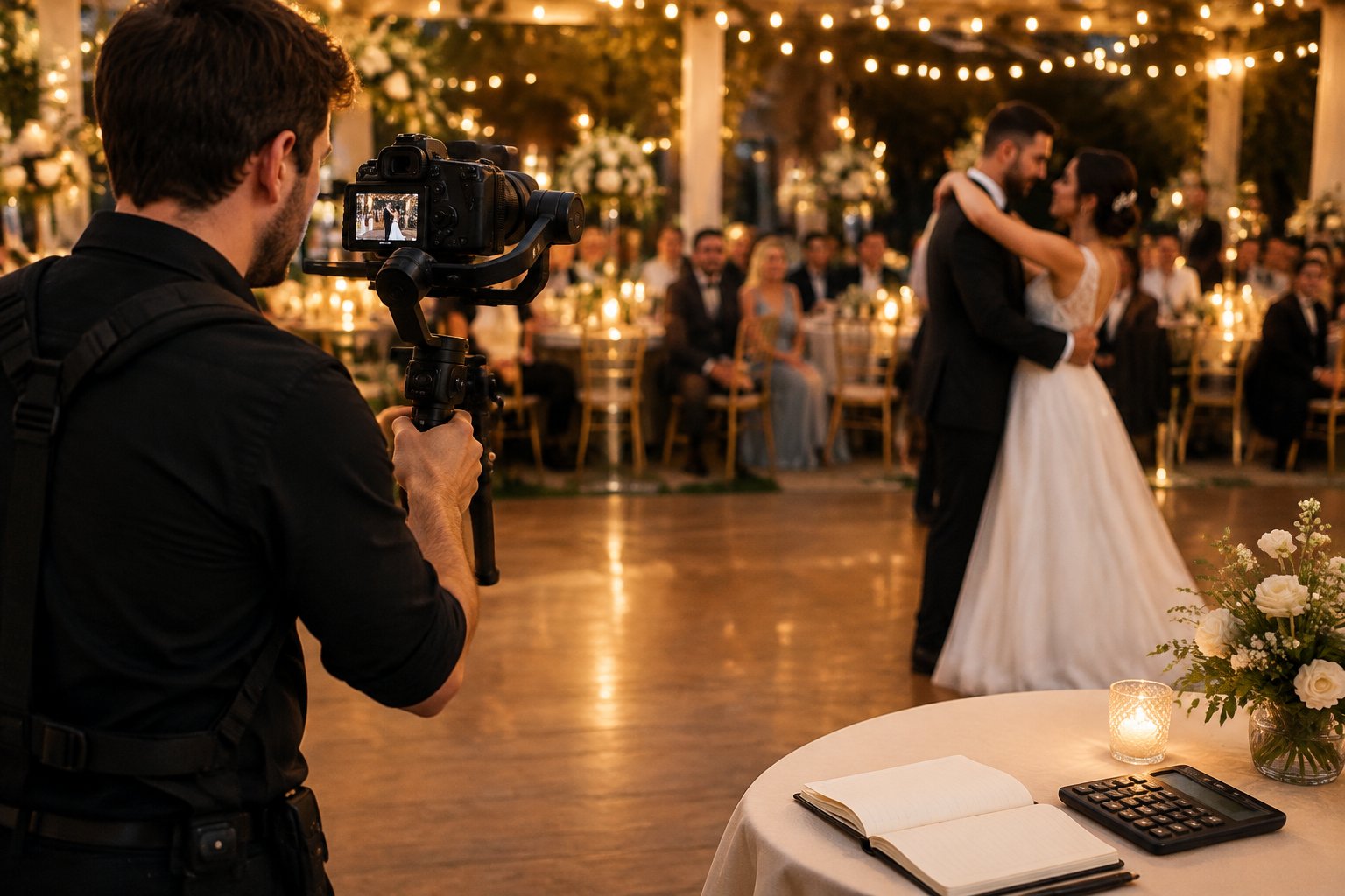 A videographer films a couple dancing at their wedding reception.