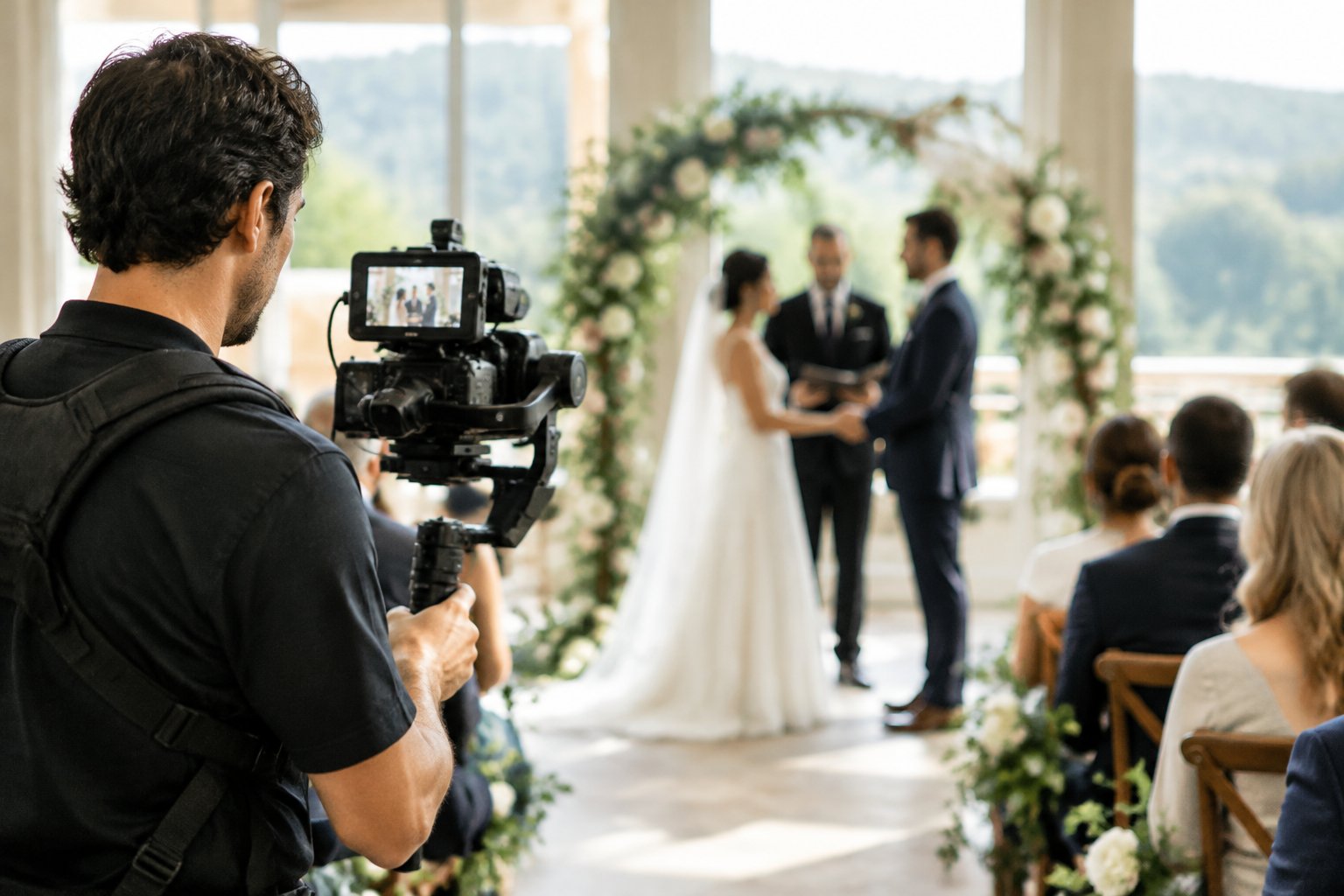 A videographer films a couple exchanging vows at their wedding.