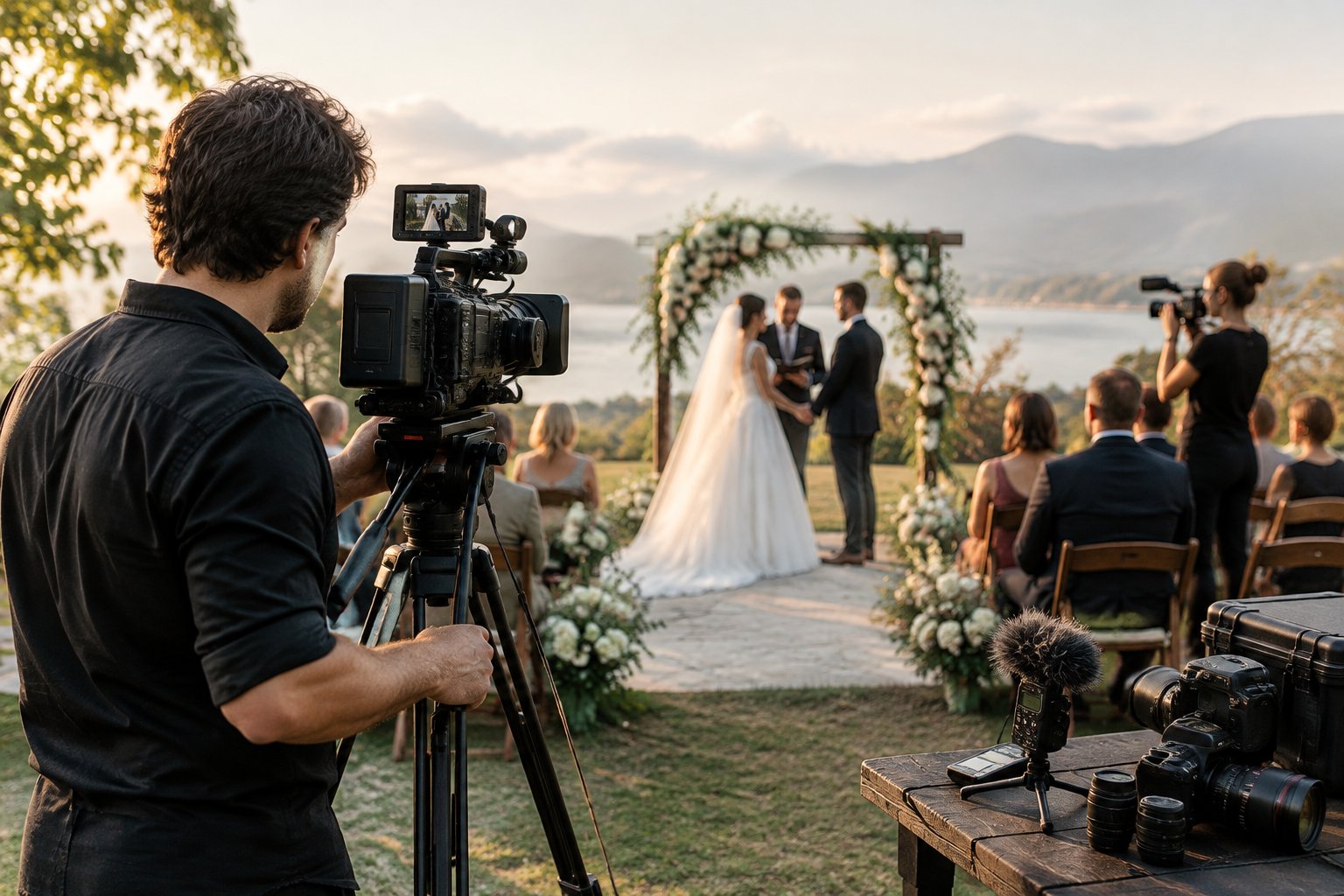 Videographers record a couple exchanging vows at an outdoor wedding ceremony.