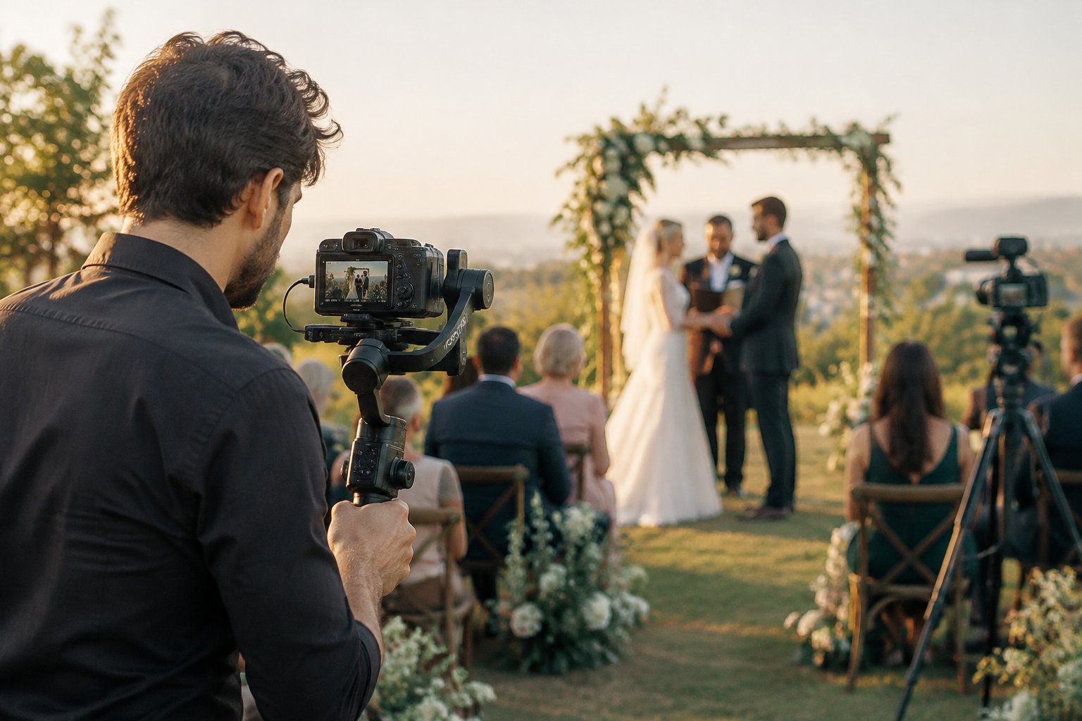 A videographer films a couple exchanging vows at an outdoor wedding.