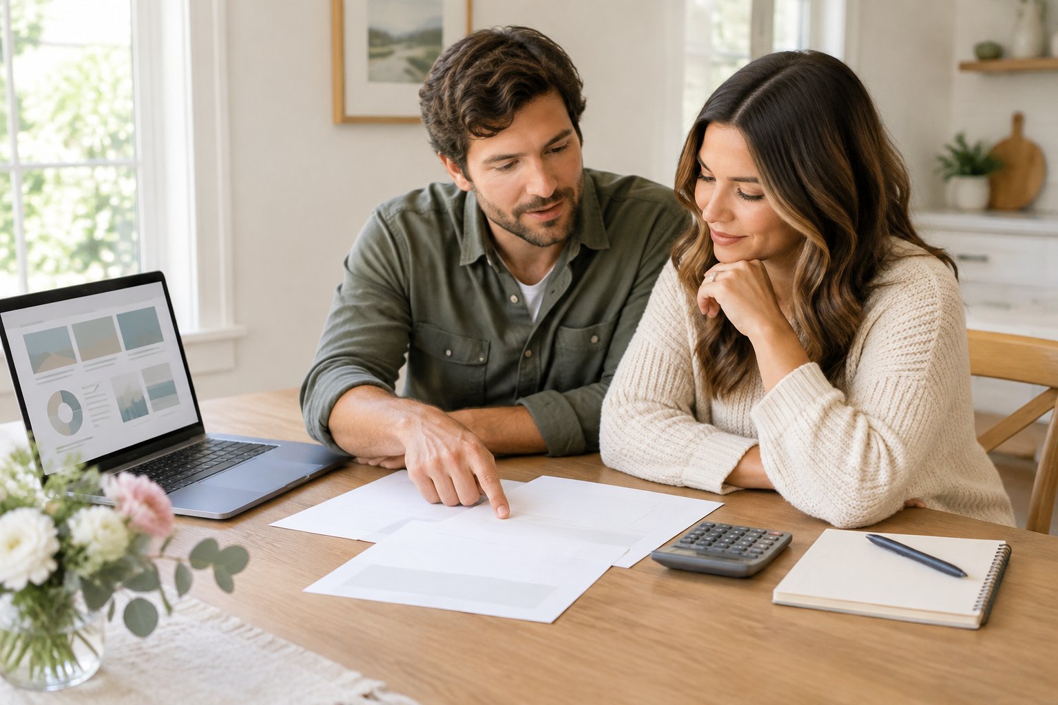 An engaged couple compares videography quotes and reviews their wedding budget at a table.