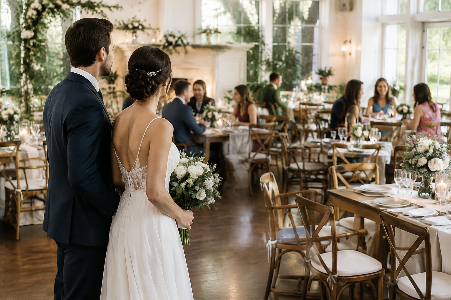 A couple looks across a wedding reception where some guests are seated and some chairs are empty.