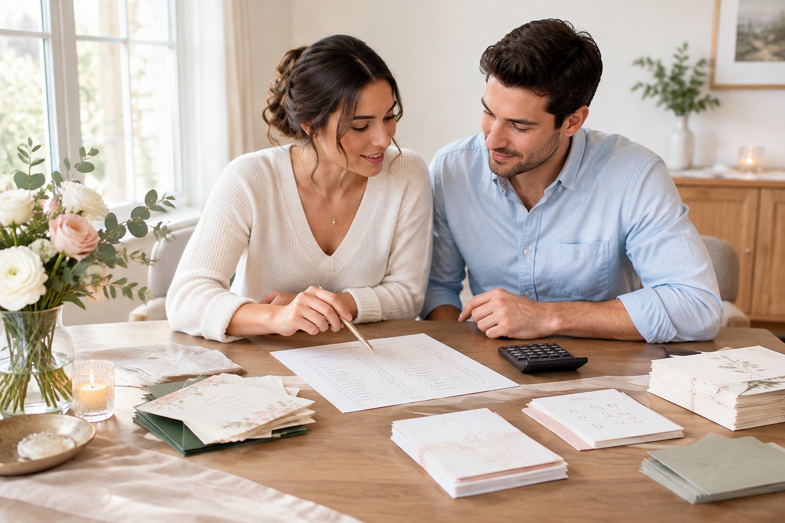 A couple reviews wedding invitations and RSVP cards at a table.
