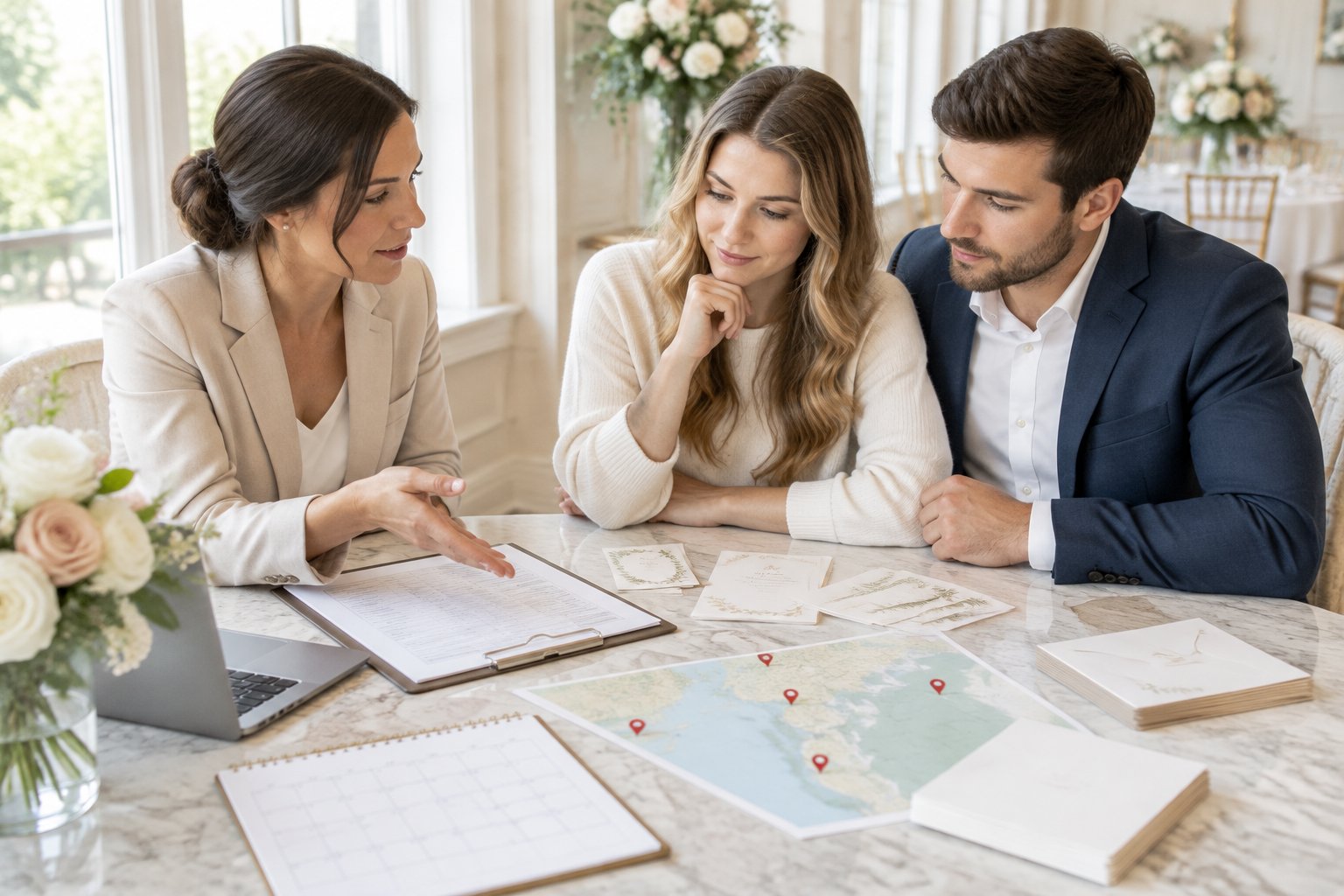 A wedding planner and an engaged couple review invitations and attendance plans at a table.