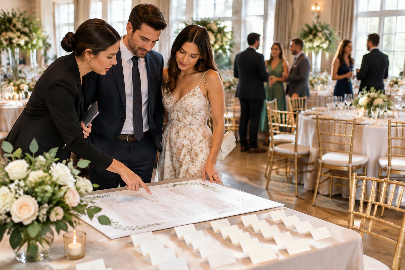 A couple and wedding planner review a seating chart as guests arrive at a reception.