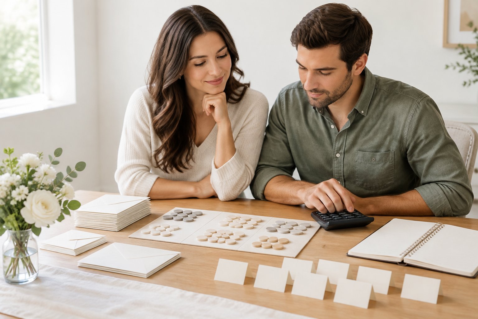 A couple reviews wedding invitations and estimates how many guests may attend.