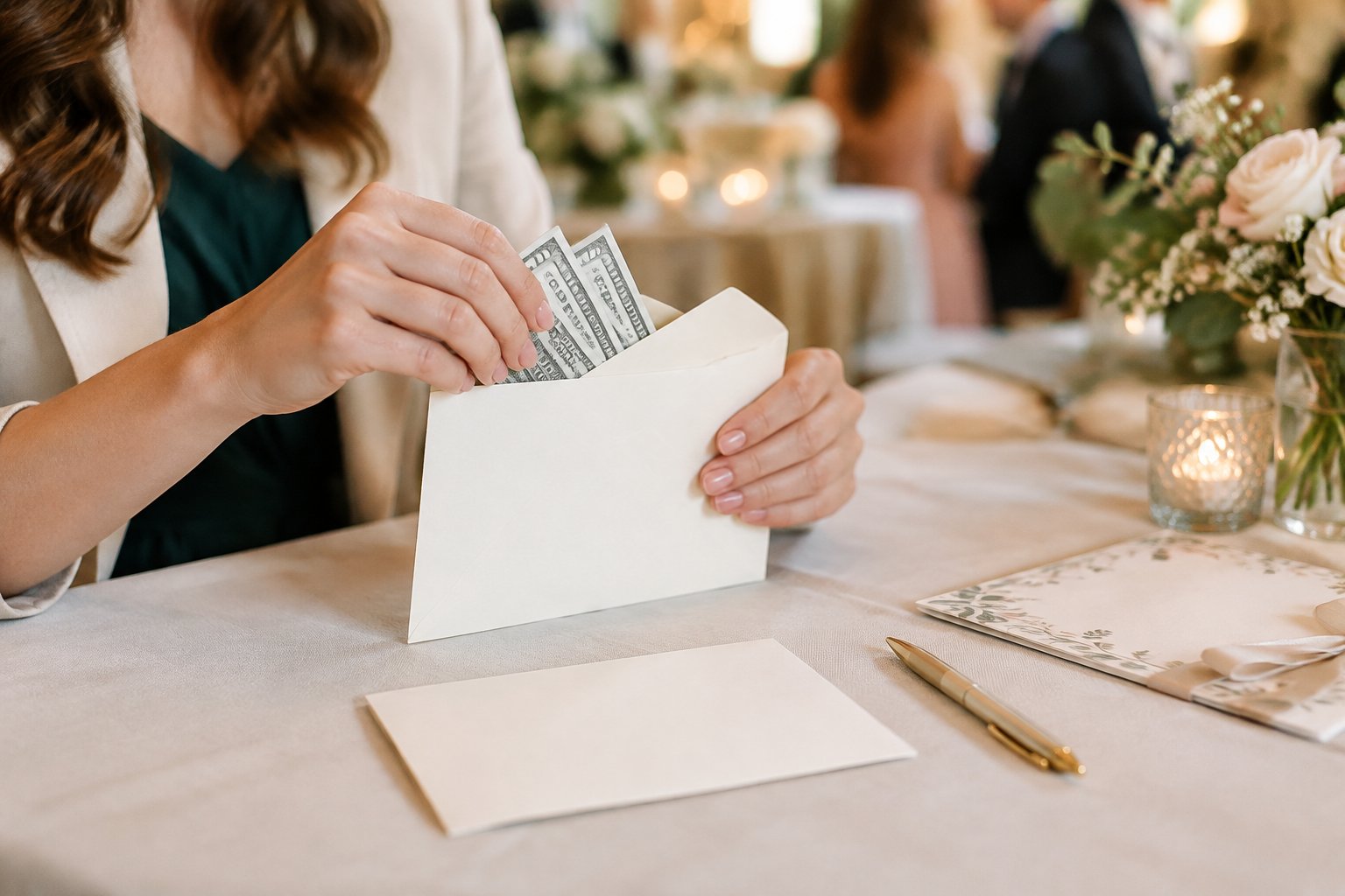 A person puts banknotes into a wedding card envelope at a table.