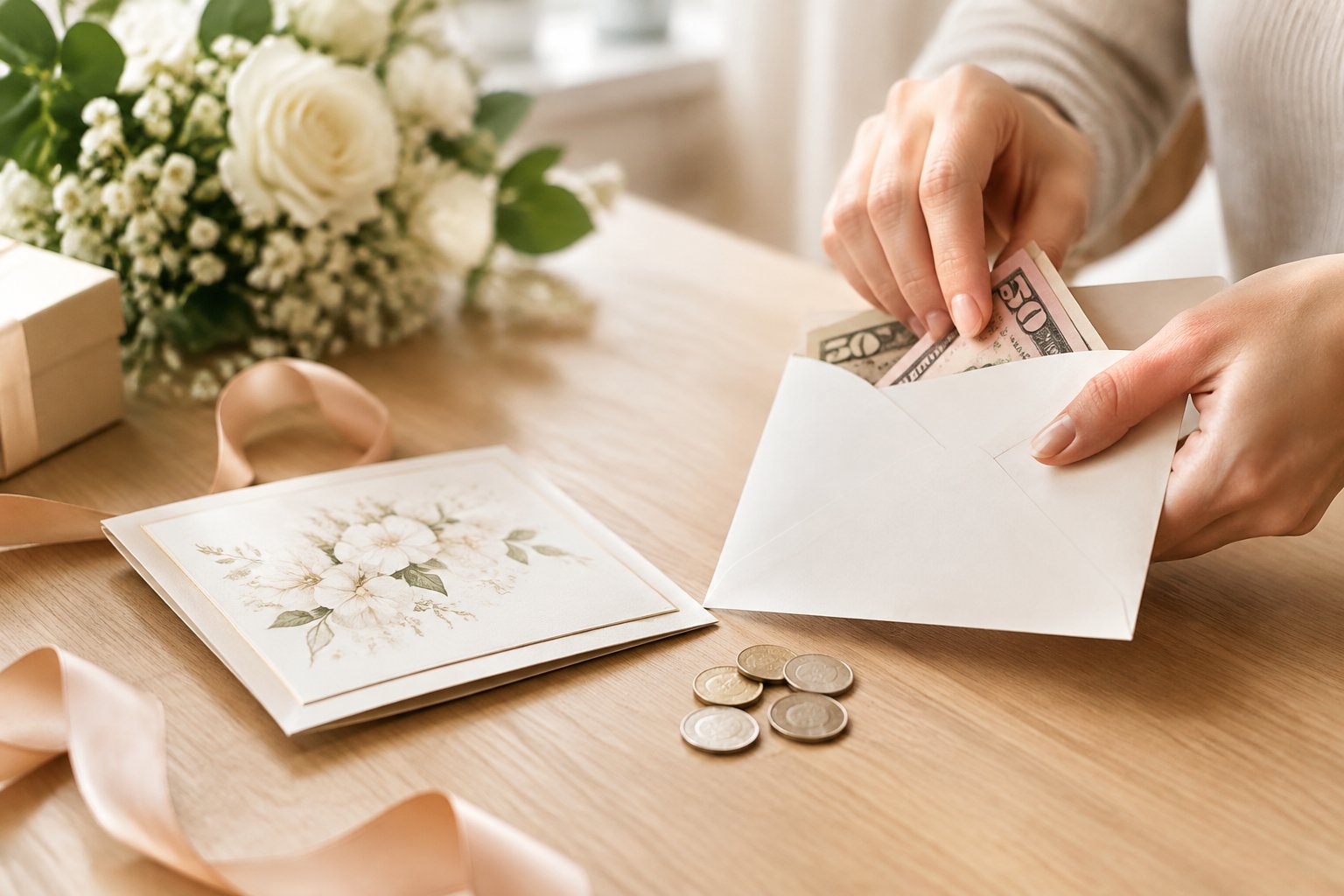 Hands place money into an envelope beside a wedding card.