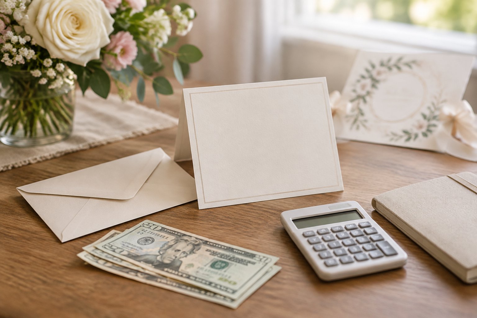 A blank wedding card, gift envelope, banknotes, calculator, and notebook arranged on a table.