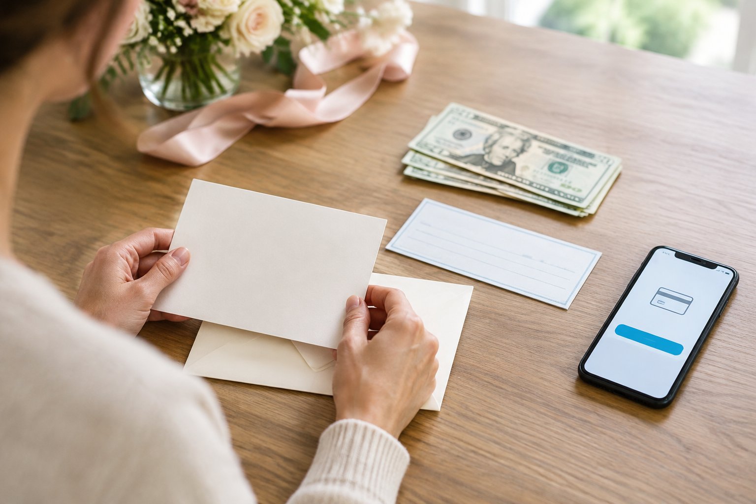 A person prepares a wedding card beside cash, a check, and a smartphone.