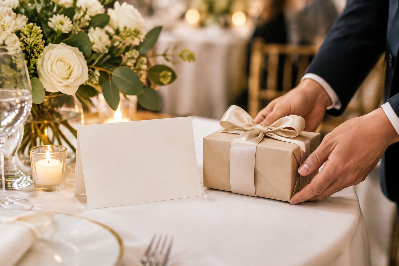 A guest places a wrapped gift beside a blank wedding card on a reception table.