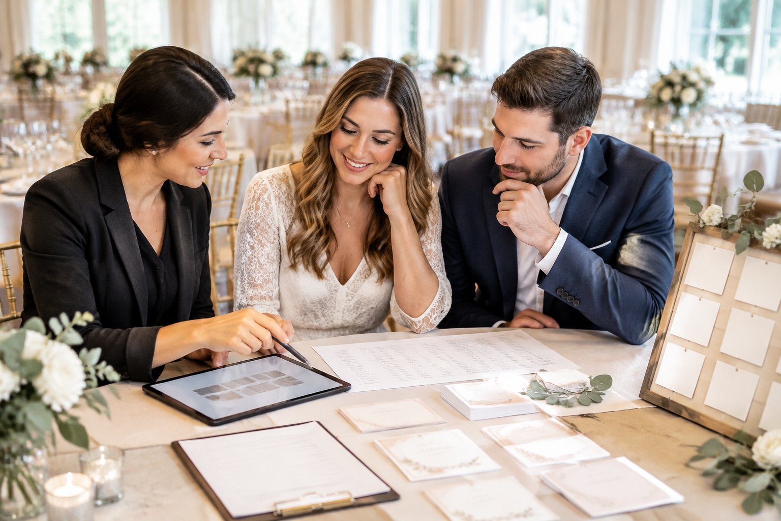 A couple and wedding planner review RSVP cards at a reception venue.