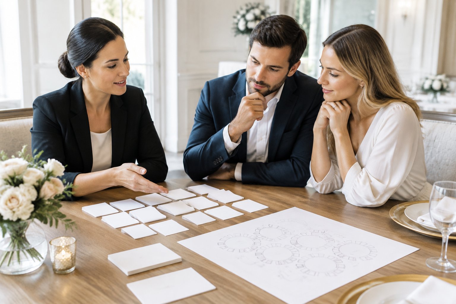 A wedding planner discusses guest attendance with an engaged couple at a table.