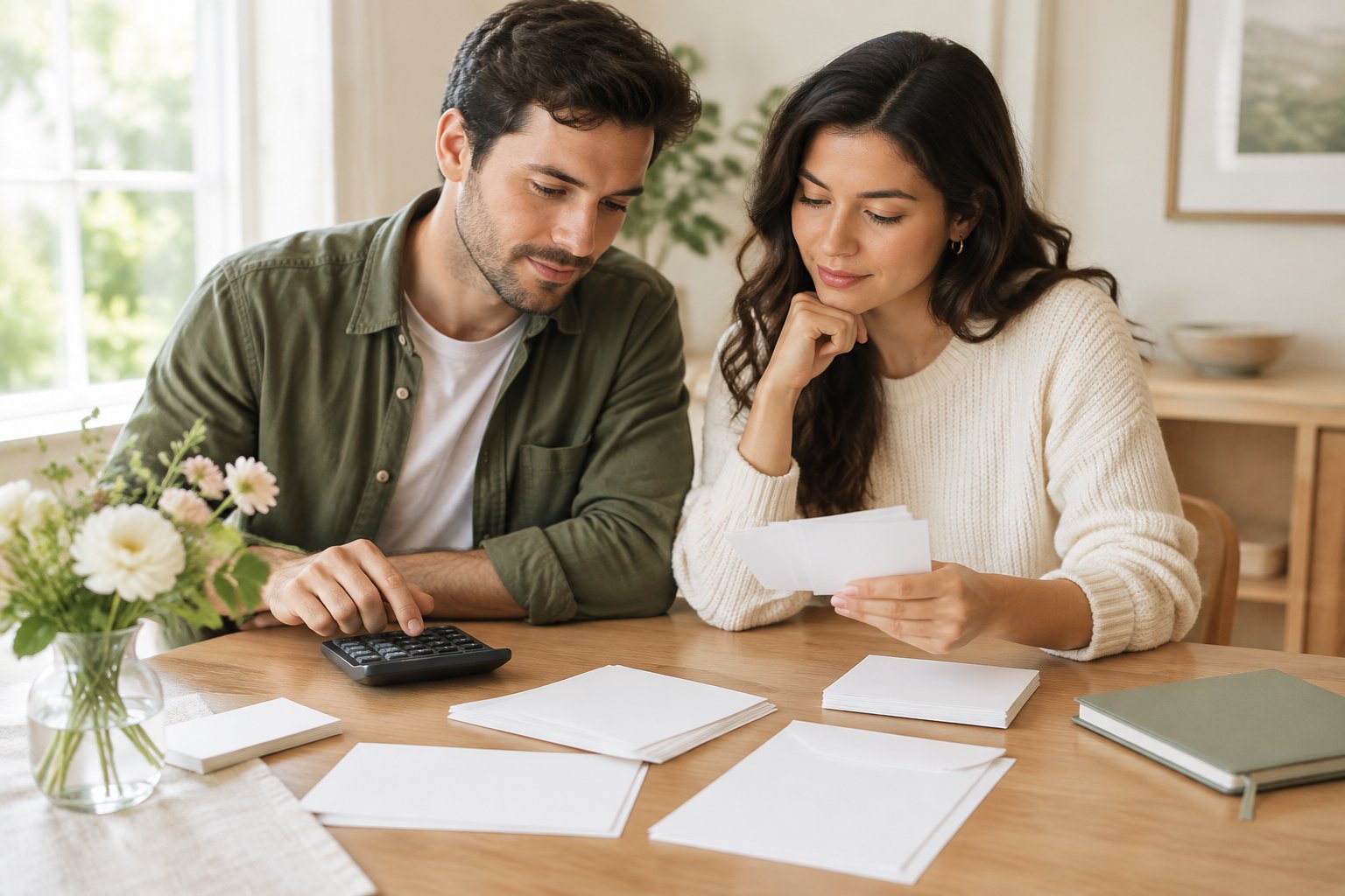 An engaged couple reviews wedding planning materials and uses a calculator at a table.