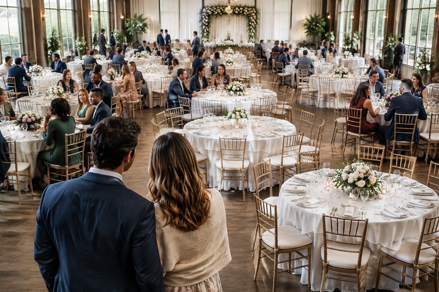 A couple looks across a wedding reception with some guests seated and many empty chairs.