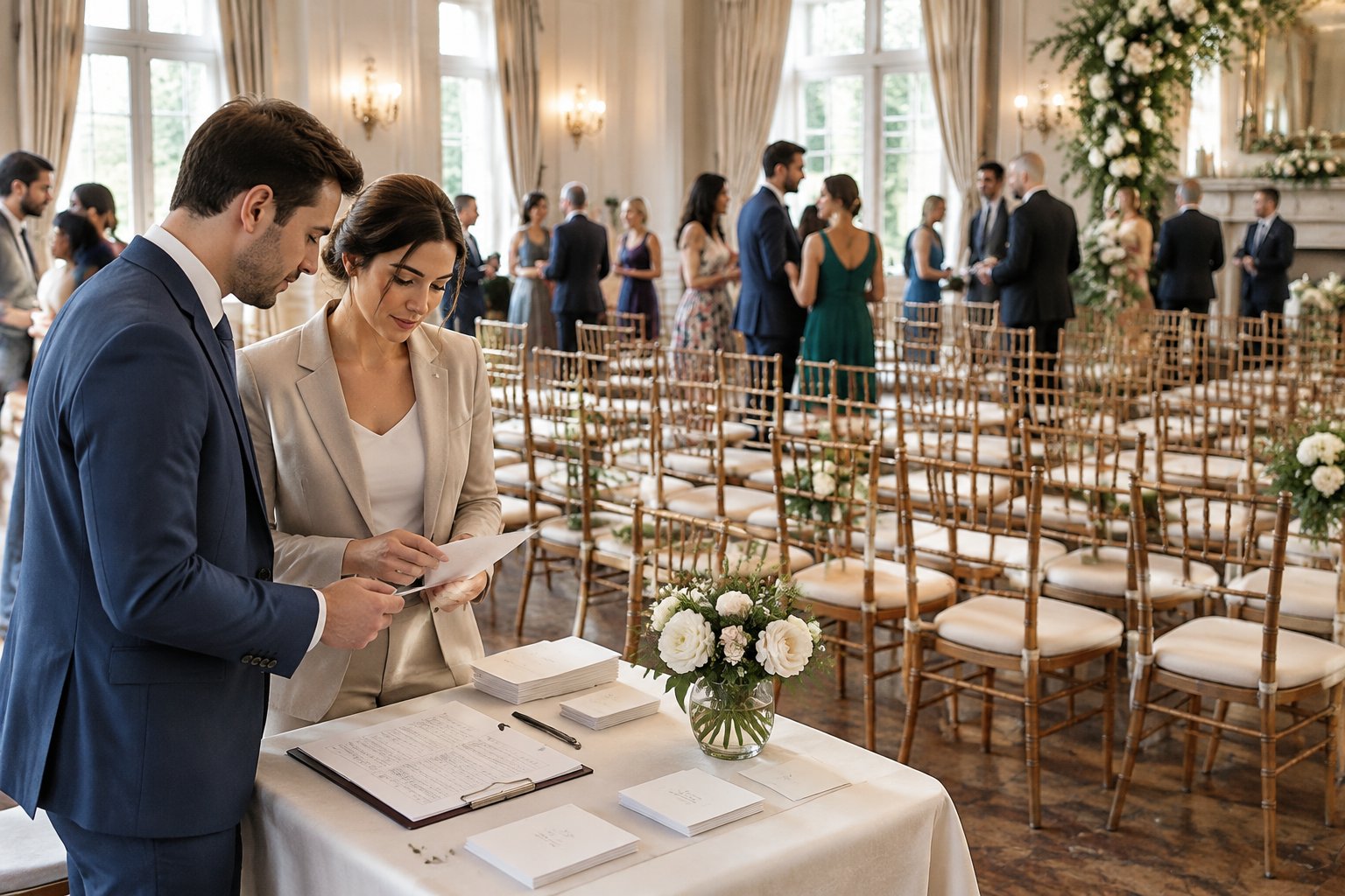 A couple reviews RSVP cards in a wedding venue with some guests seated and many empty chairs.