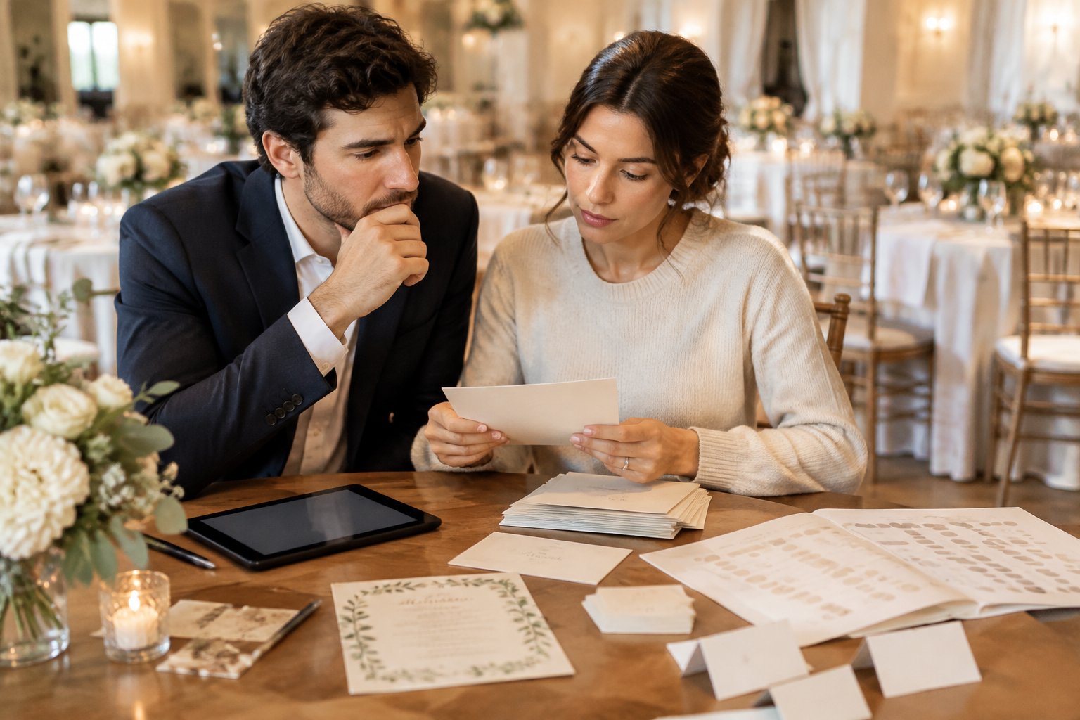 A couple reviews wedding invitations and a guest list beside an empty reception setup.