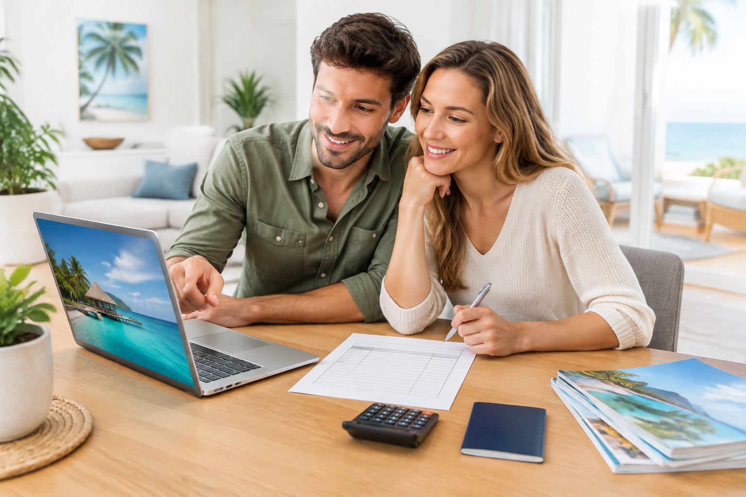 A newlywed couple reviews honeymoon plans at a desk with a laptop, calculator, and travel brochures.
