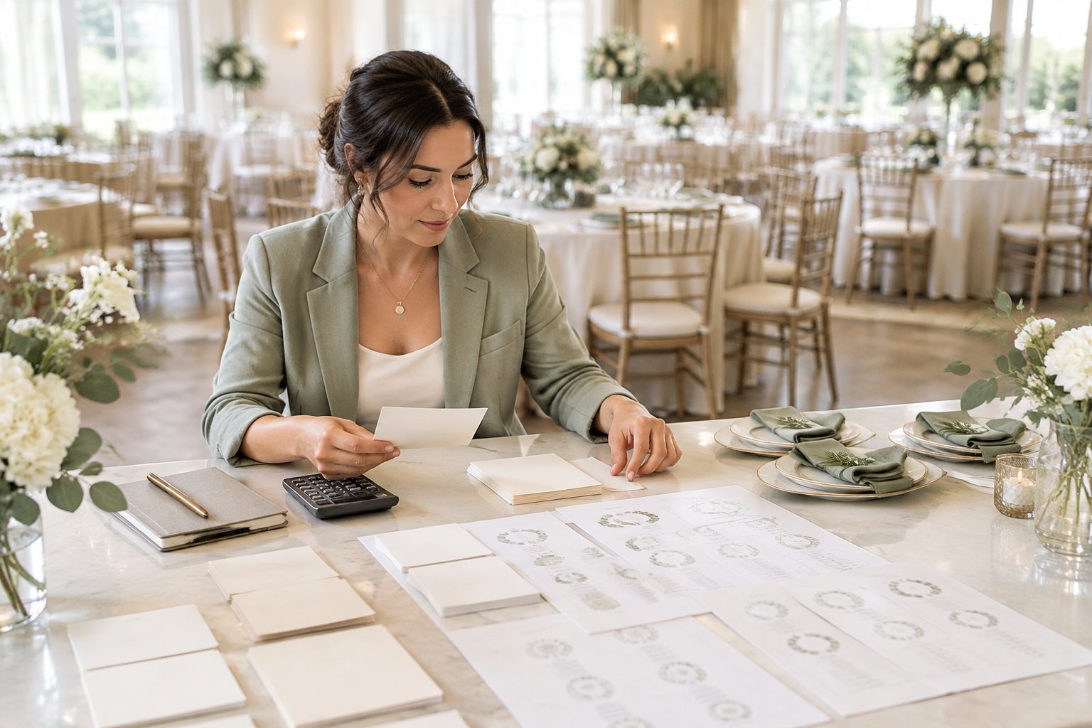 A wedding planner reviews RSVP cards and seating plans at a reception venue.