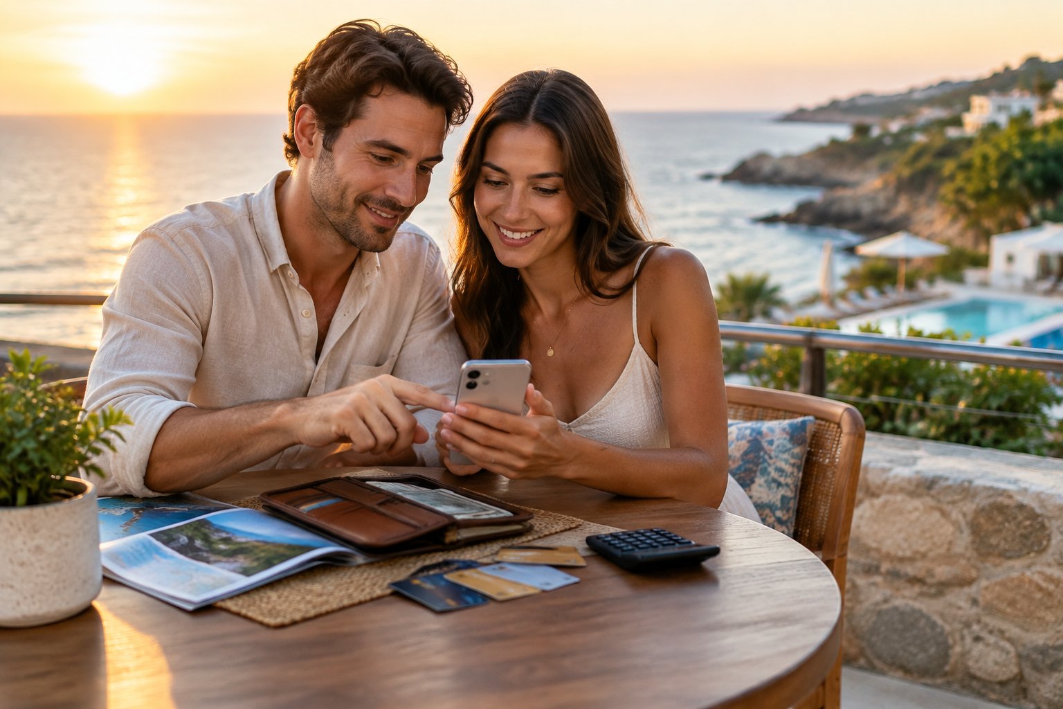 A newlywed couple reviews travel plans and payment cards at a seaside café.