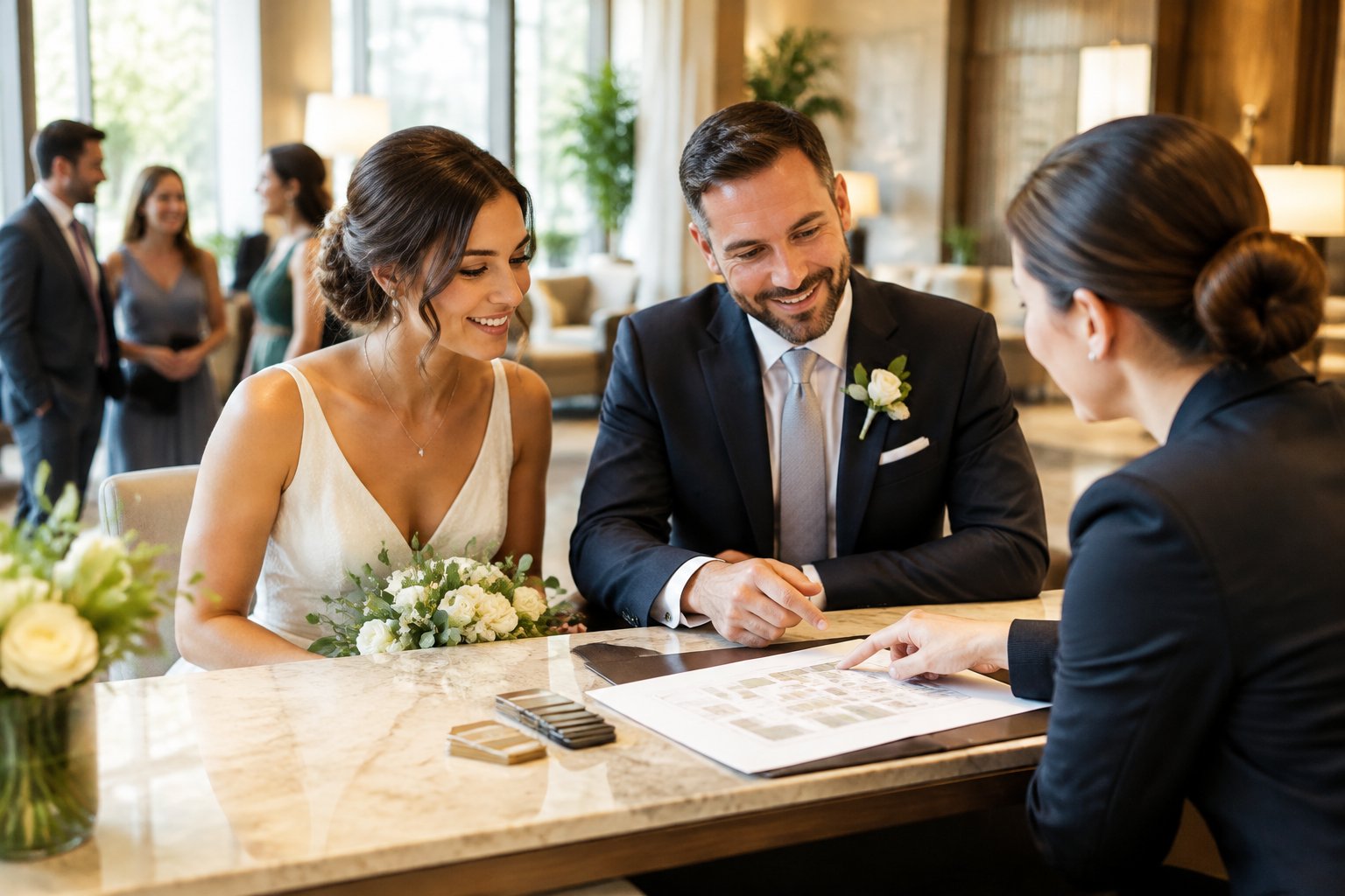 A couple discusses hotel rooms with a staff member at a hotel desk.