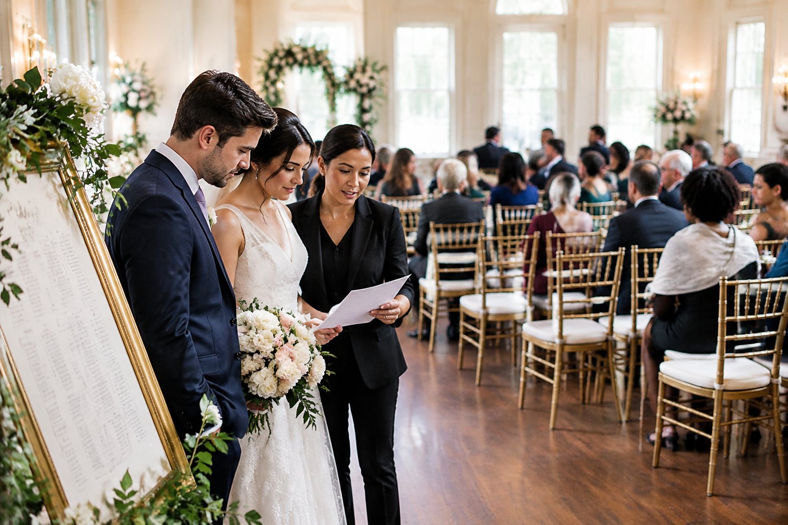 A couple and wedding planner review the seating at a wedding venue with some guests present and several empty chairs.